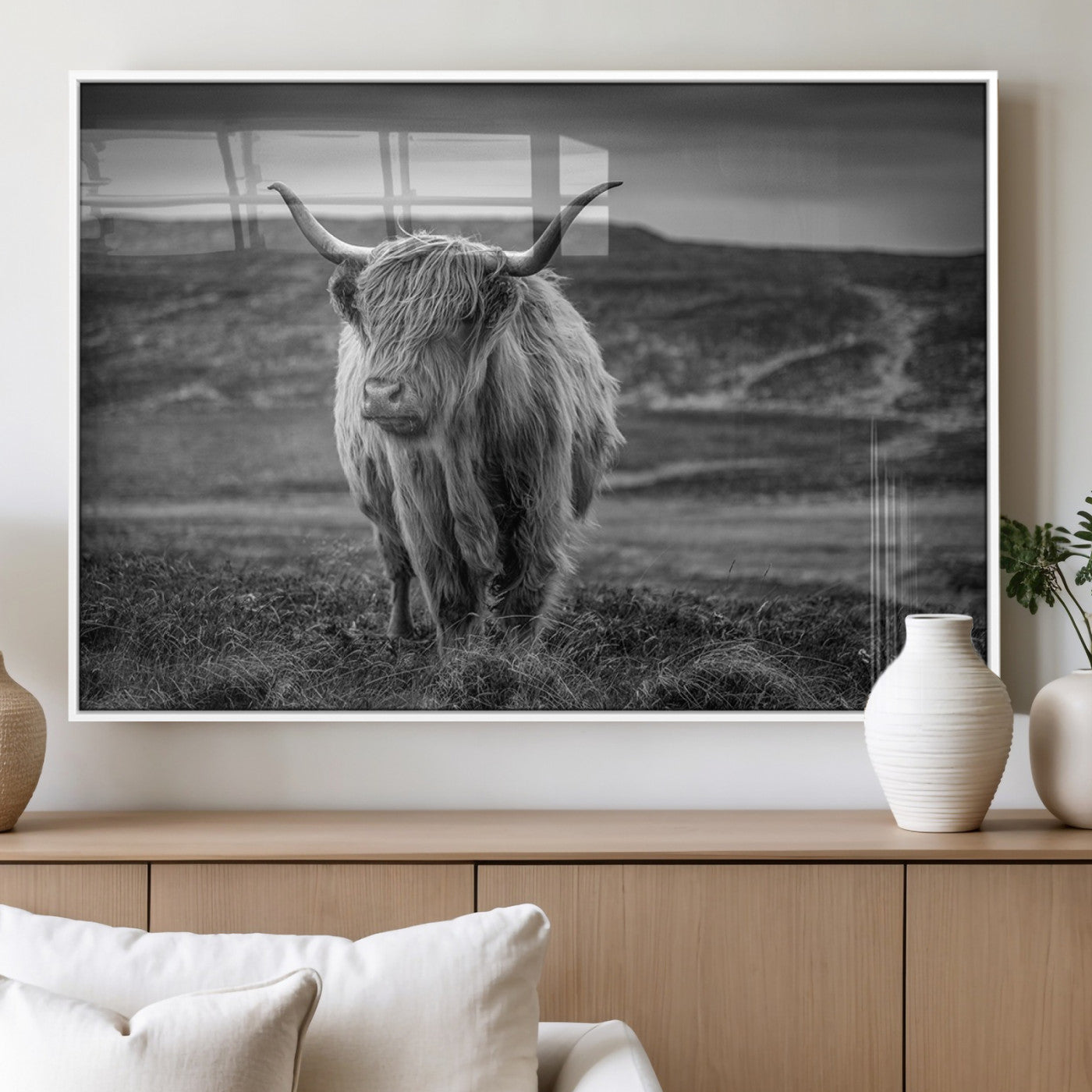 MGV-FP-60X30-3P - Fluffy Cattle Wall Art Print, Highland Cow Canvas, Framed Black and white Wall Art