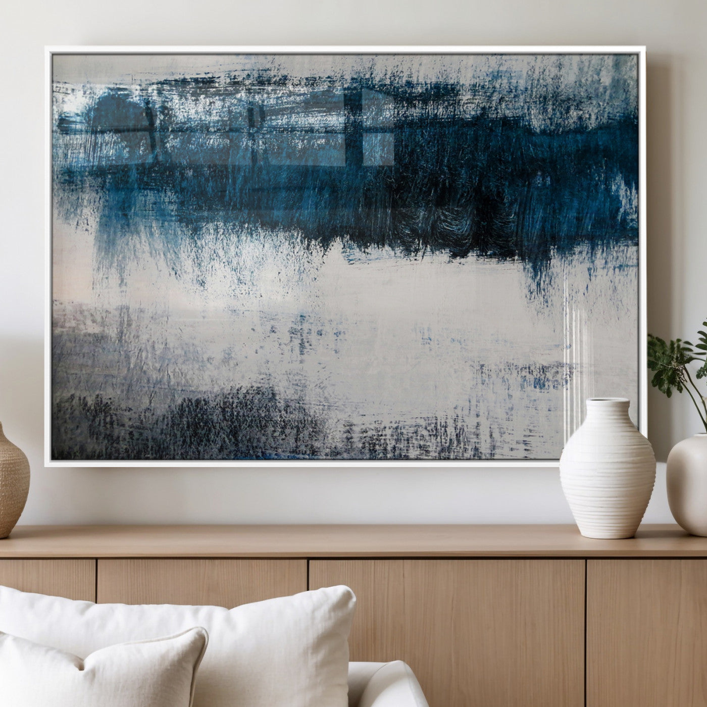 MGV-FP-60X30-3P - Abstract Blue and White Canvas Art | Large Wall Art for Modern Living Room Decor | Minimalist