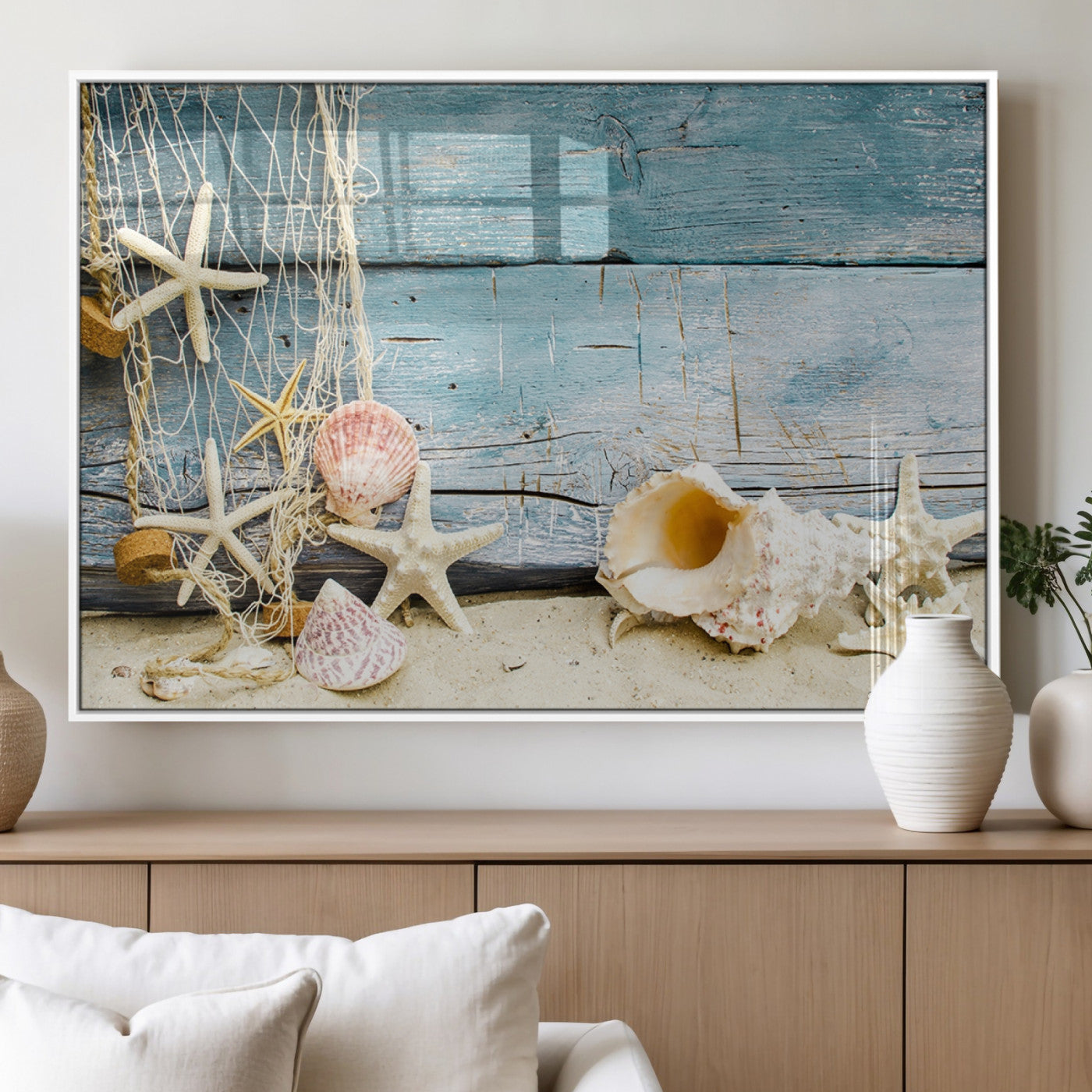 MGV-FP-60X30-3P - Seashells on Rustic Wooden Background, Seashells Wall Art Canvas Print