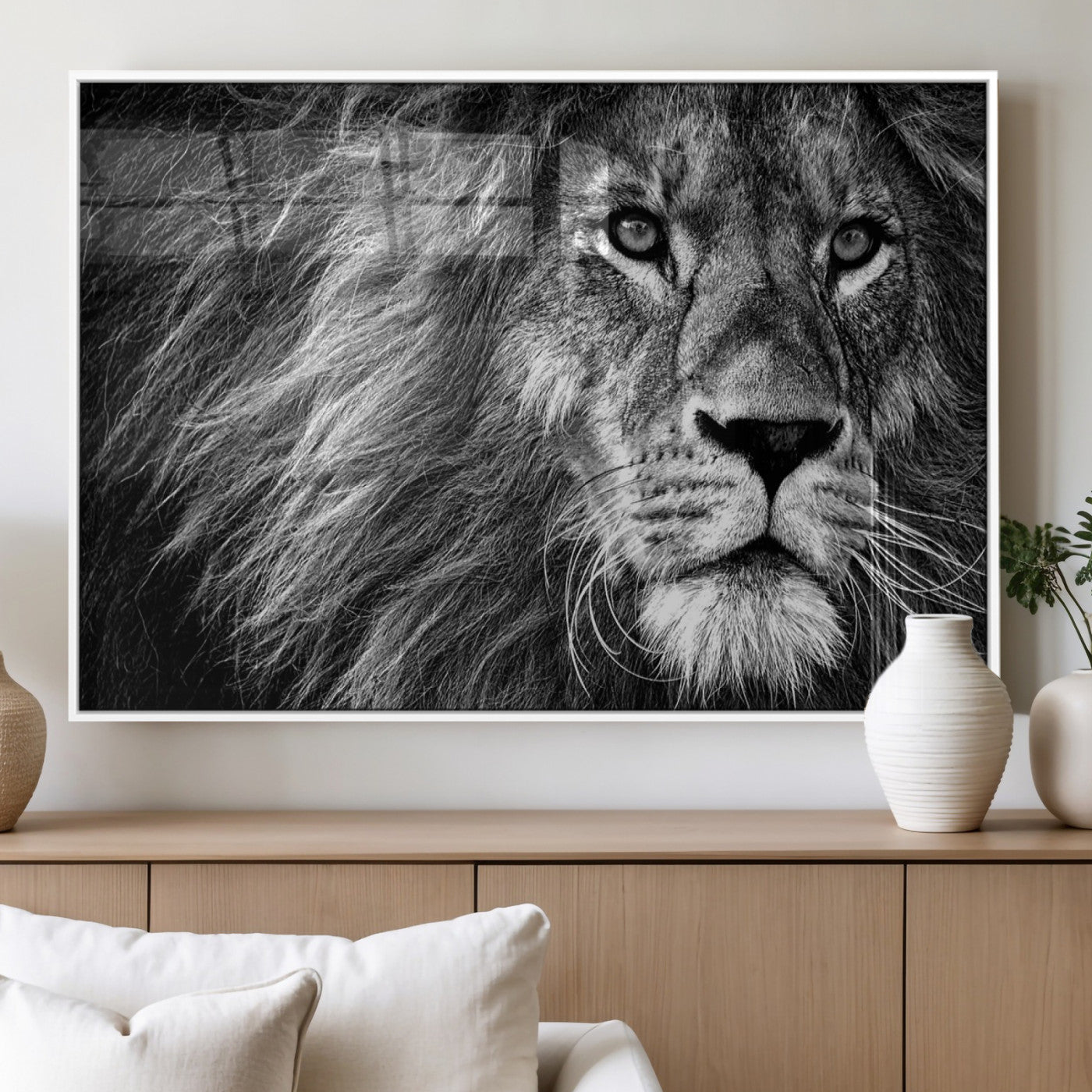 MGV-FP-60X30-3P - Black and White Lion Canvas Wall Art Print