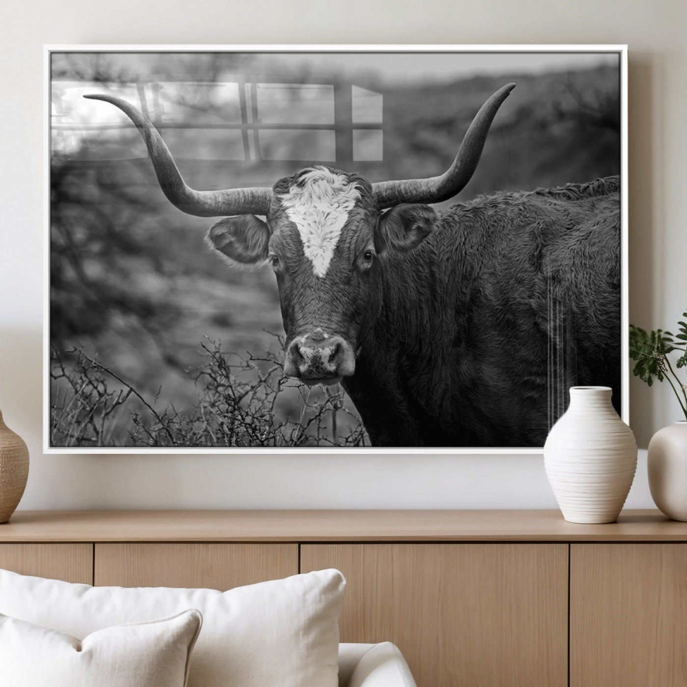 MGV-FP-60X30-3P - Western Home Wall Art Canvas Print, Framed Texas Longhorn Art Picture Print, Rustic Cow Perfect Rustic Farmhouse Decor Artwork