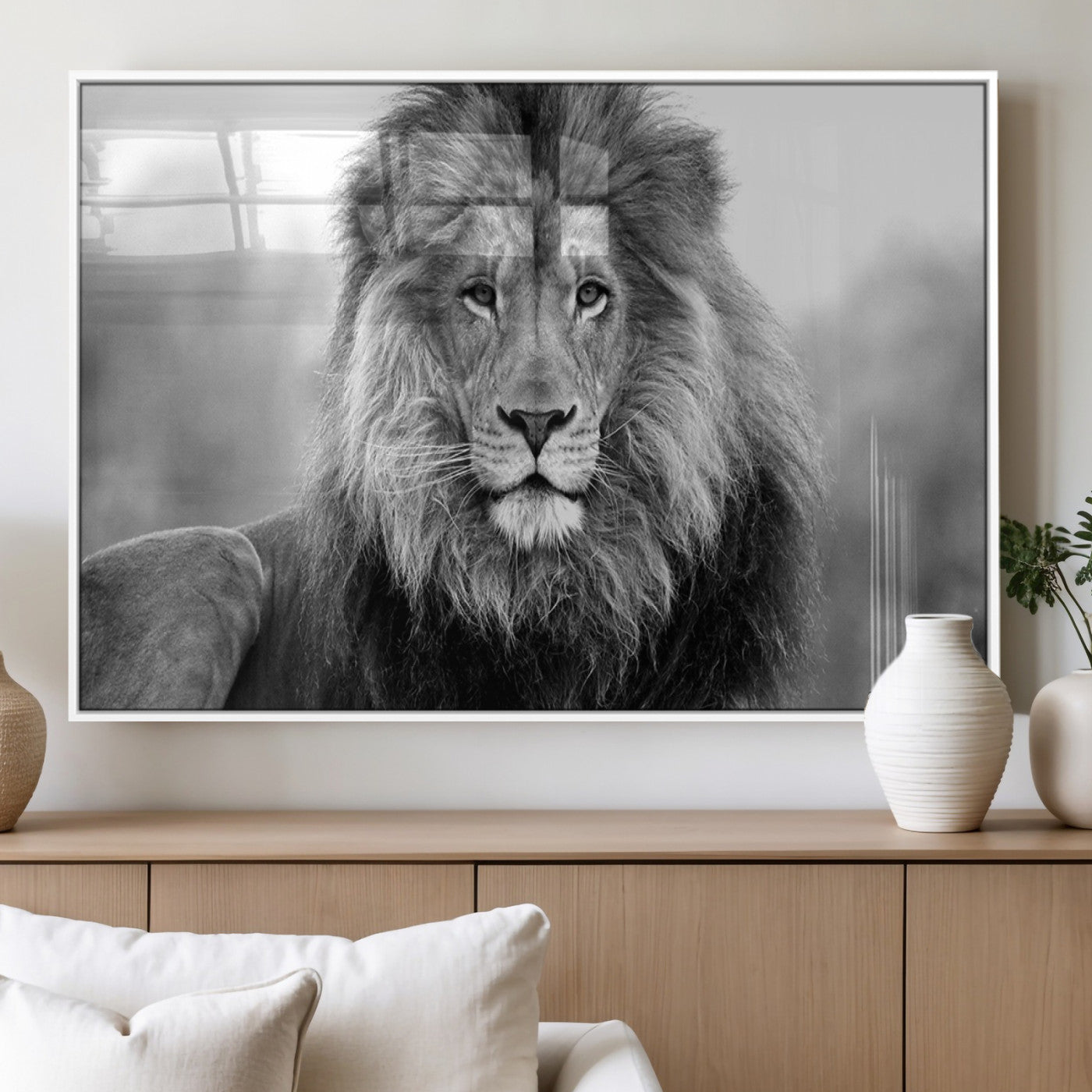 MGV-FP-60X30-3P - Black and White Lion Canvas Wall Art Animal Print