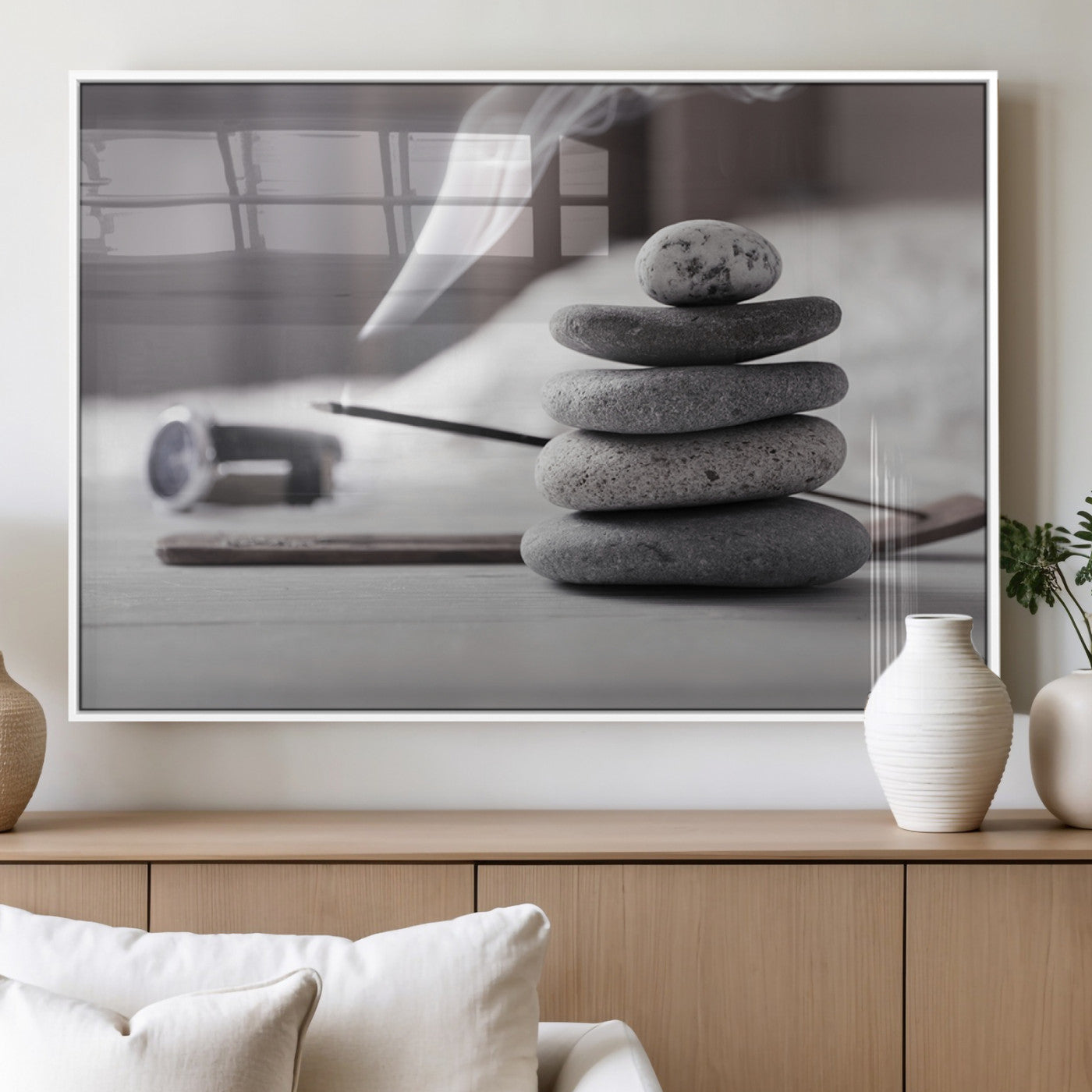 MGV-FP-60X30-3P - Burning Incense and Zen Stones Buddhism Wall Art, Zen Stones Wall Art Canvas Print