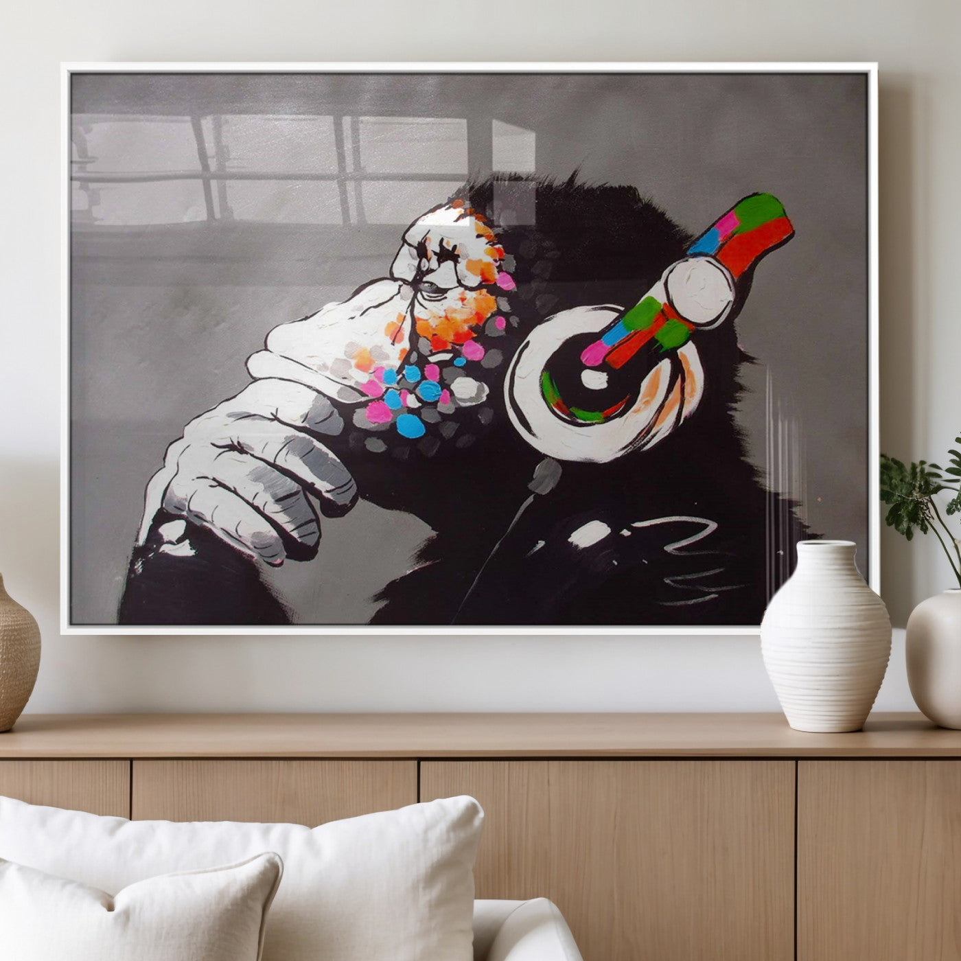 MGV-FP-60X30-3P - Dj Monkey Listening to Music Wall Art Print | Banksy Monkey Large Canvas Print for Living Room,