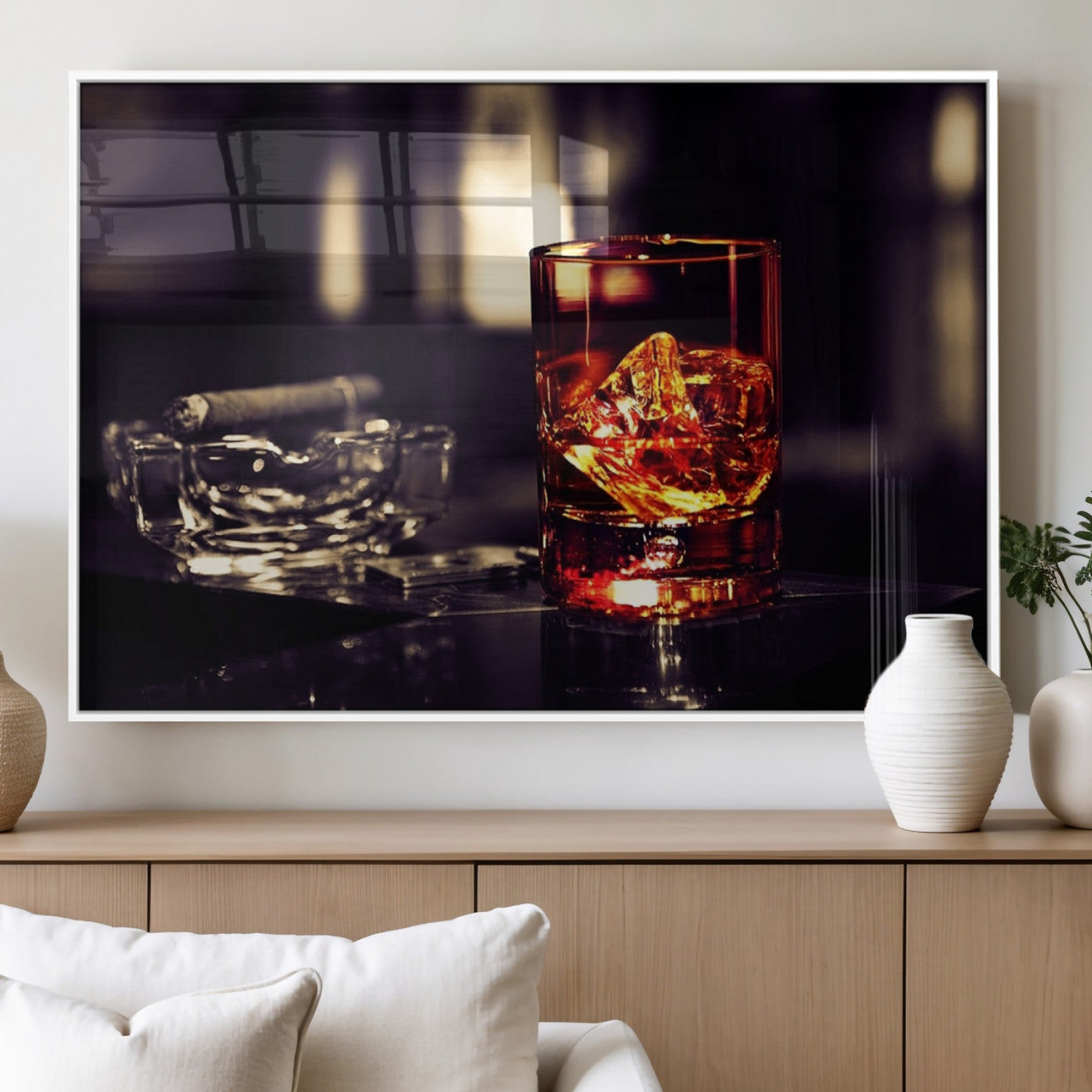 MGV-FP-60X30-3P - Whiskey and Cigar Canvas – Luxurious Wall Art for Home or Bar – Glass and Cigar Scene Print Canvas