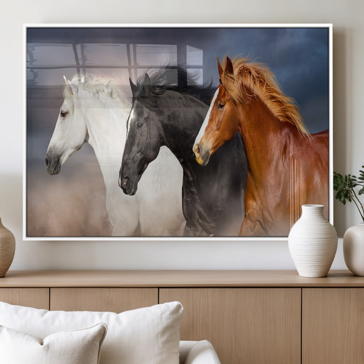 MGV-FP-60X30-3P - Animal Wall Art Three Horses Farmhouse Art Canvas, Framed Three Horses Canvas Print
