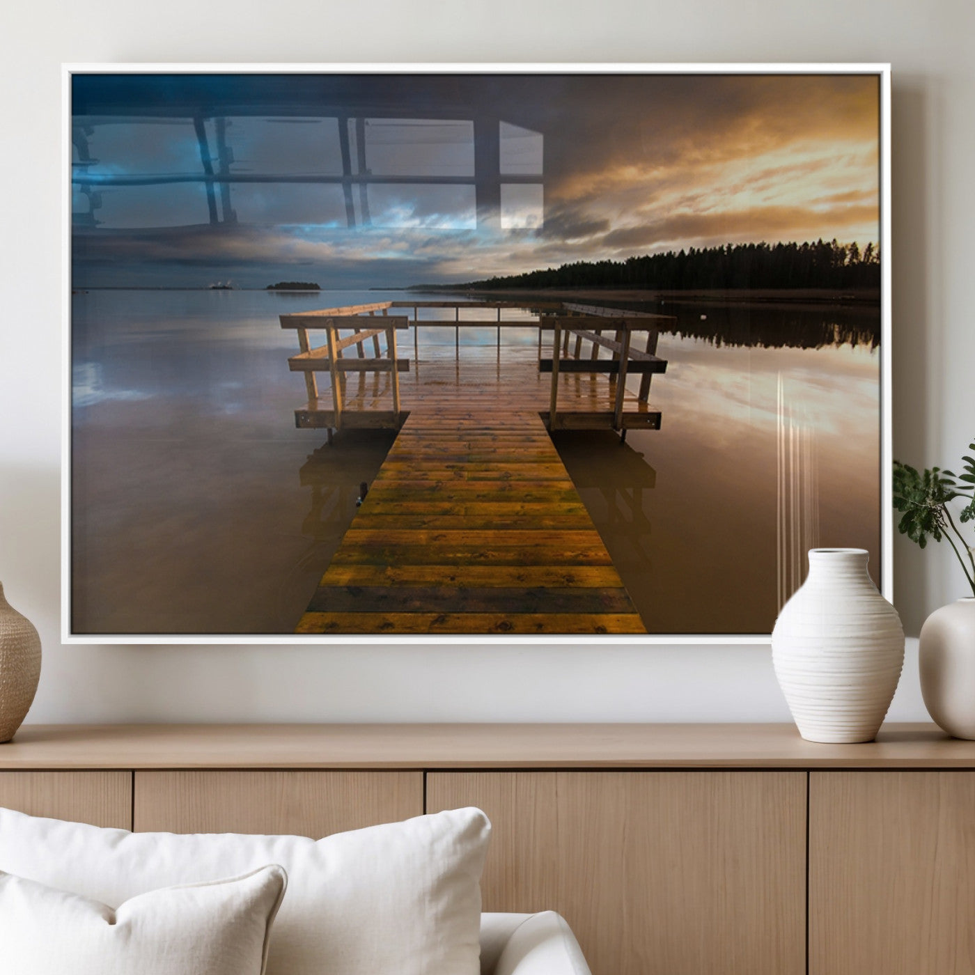 MGV-FP-60X30-3P - Serene Lake Pier at Sunset Canvas Print | Landscape Canvas Print | Ready to Hang and Framed Wall Art