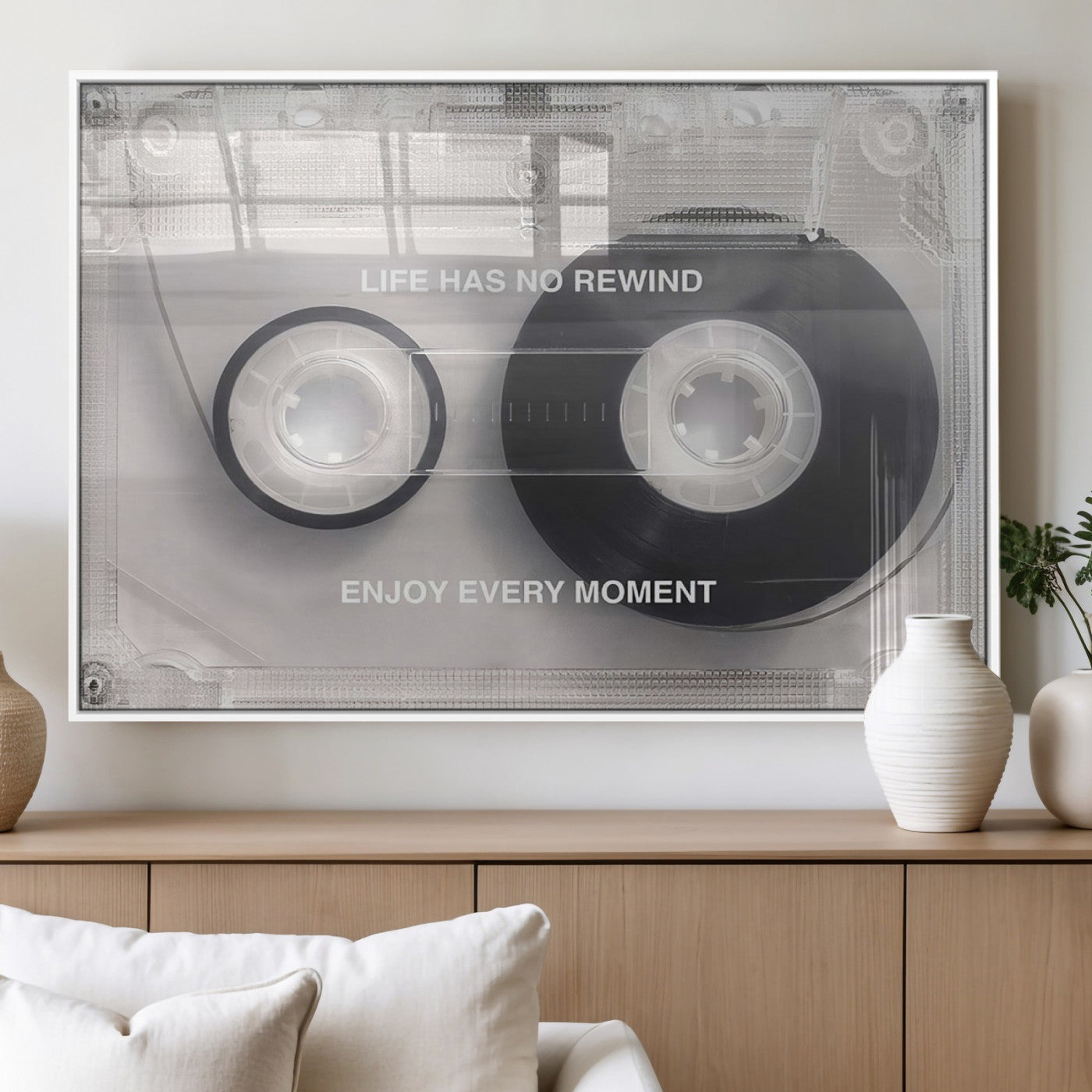 MGV-FP-60X30-3P - Vintage Cassette Tape Canvas Wall Art - Inspirational 'Life Has No Rewind' Quote, Retro Music Decor