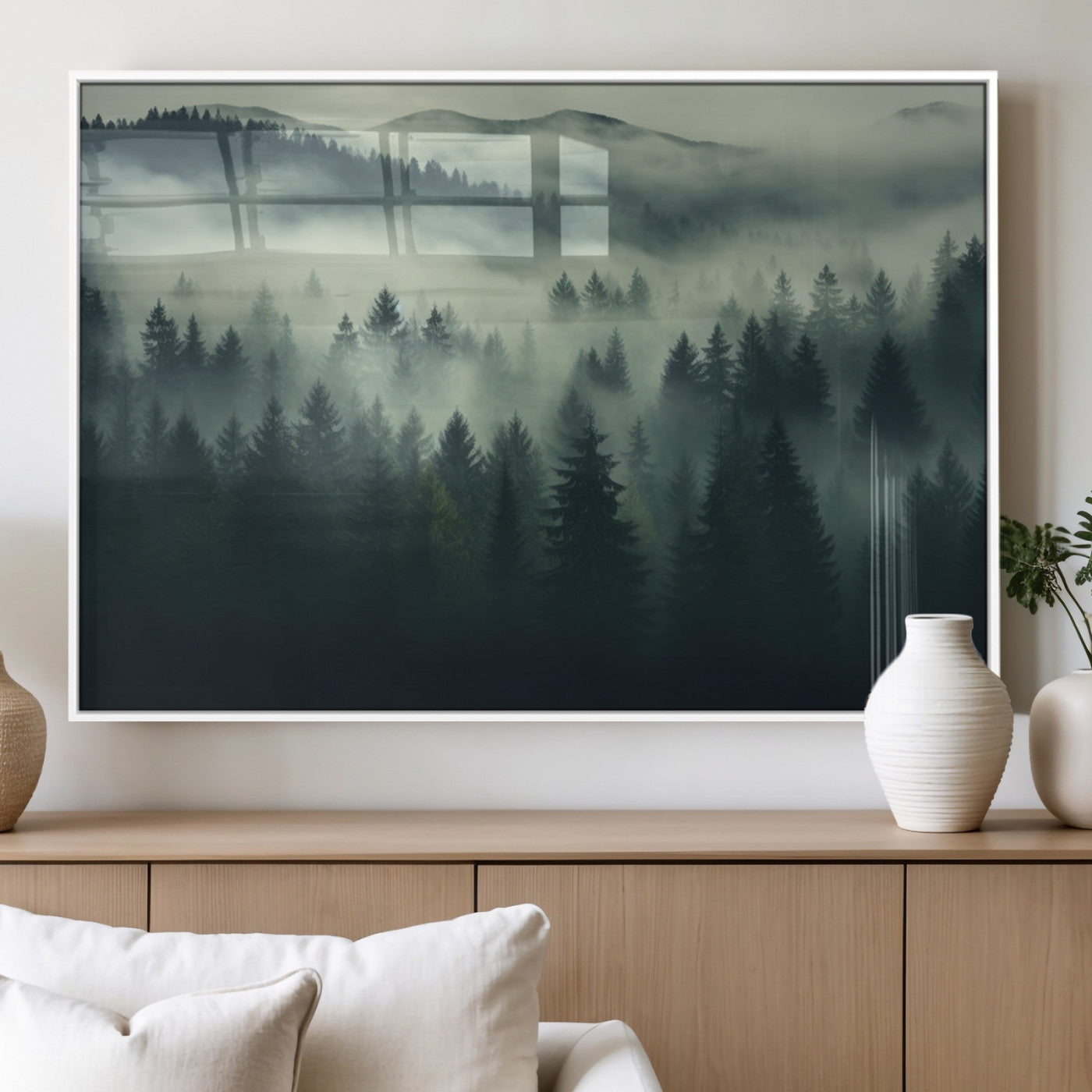 MGV-FP-60X30-3P - Misty Forest Wall Art Premium Canvas Print a Foggy and Serene Atmosphere