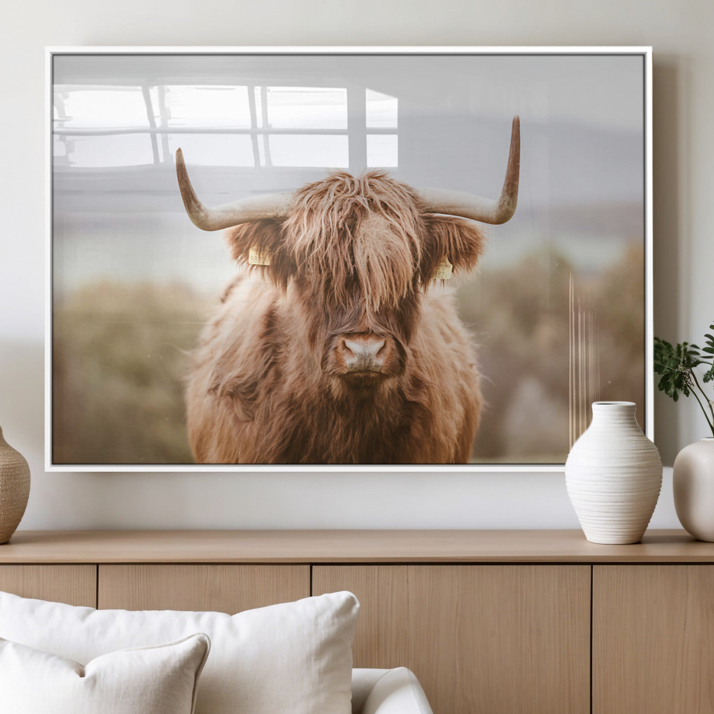 MGV-FP-60X30-3P - Scottish Serene Highland Cow Canvas Wall Art – Serene Highland Cow in Natural Pastel Tones – Ready