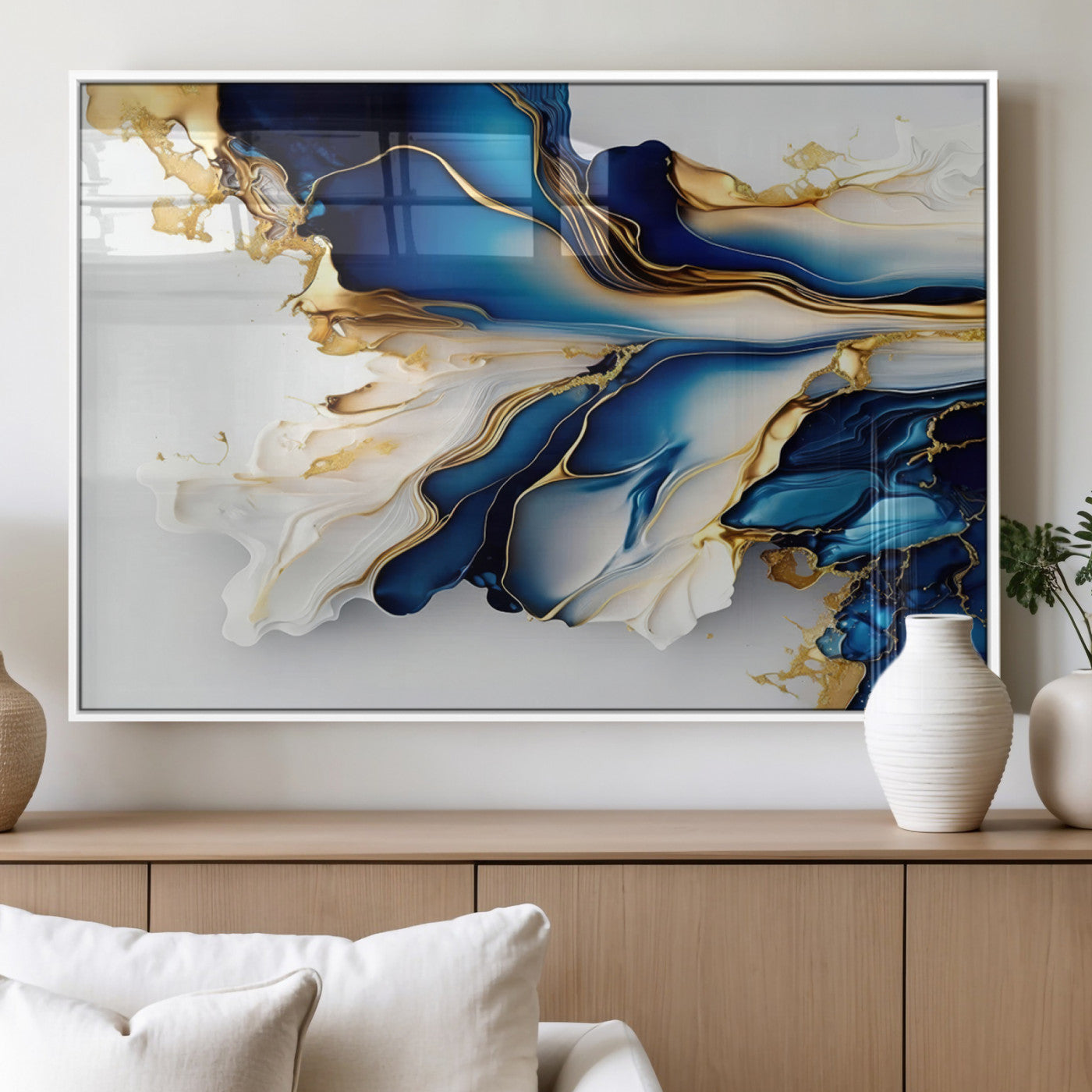 MGV-FP-60X30-3P - Gold Marble Art - Abstract Geode Gold And Blue Marble Shape 3 Pieces Wall Art Canvas Print