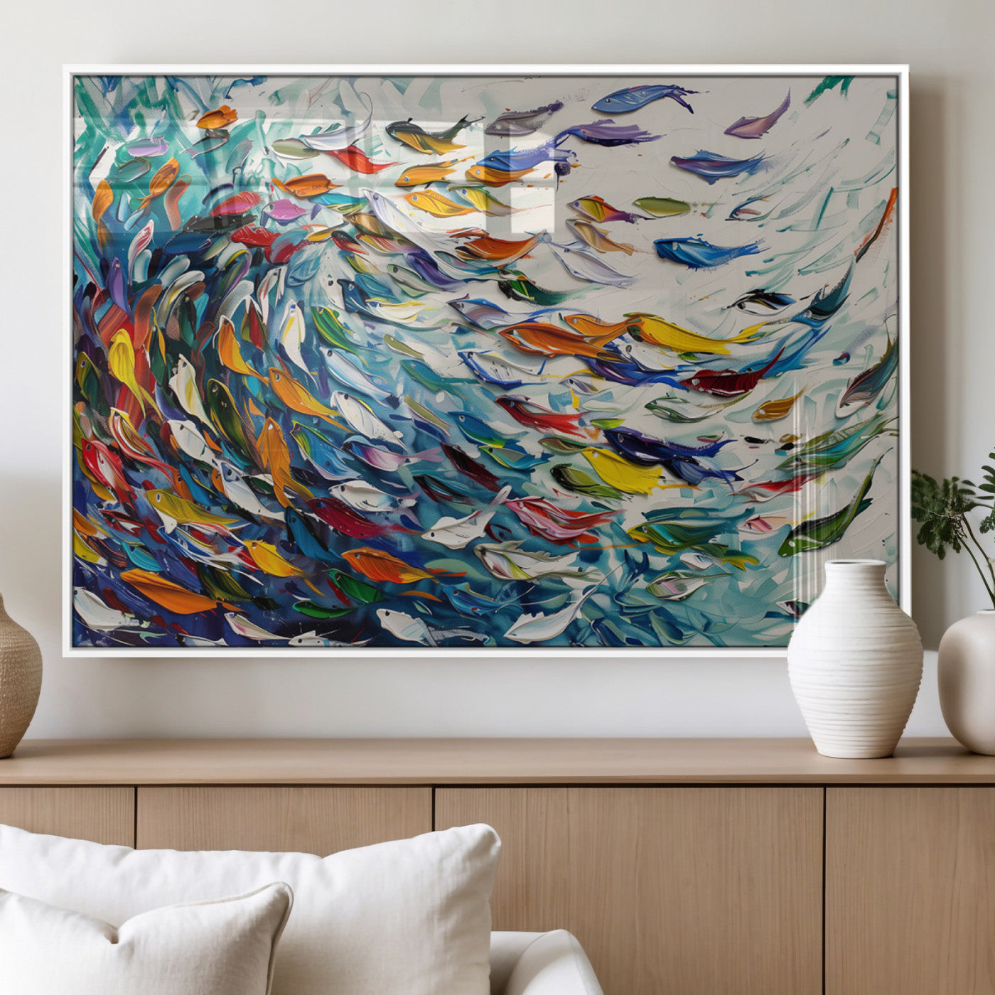 MGV-FP-60X30-3P - Modern Abstract Fish Shoal Wall Art Canvas Print, Colorful Fish Herd Painting on Canvas Print, Ocean