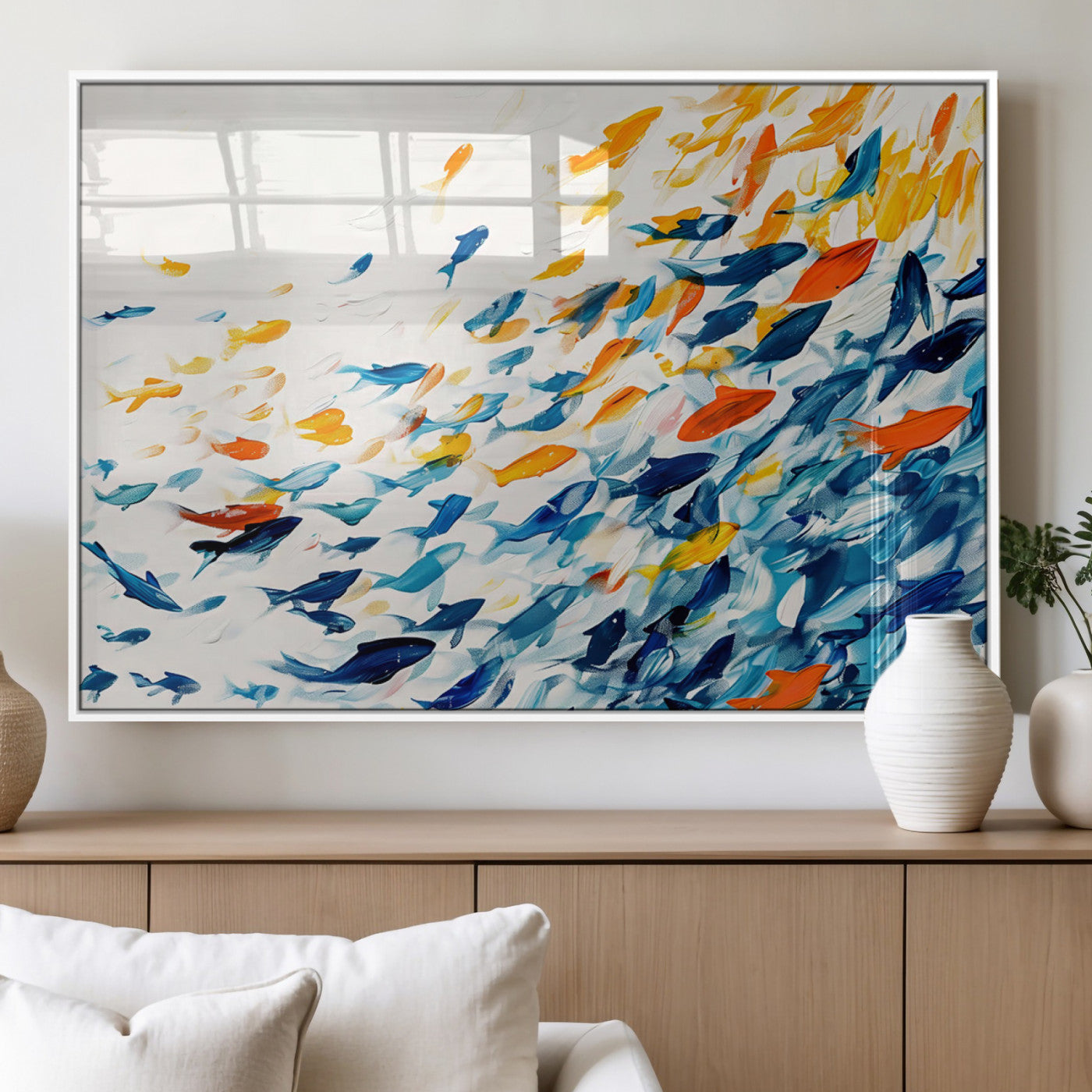 MGV-FP-60X30-3P - Abstract Fish Shoal Wall Art Canvas Print, Colorful Fish Herd Painting on Canvas Print, Ocean Animal