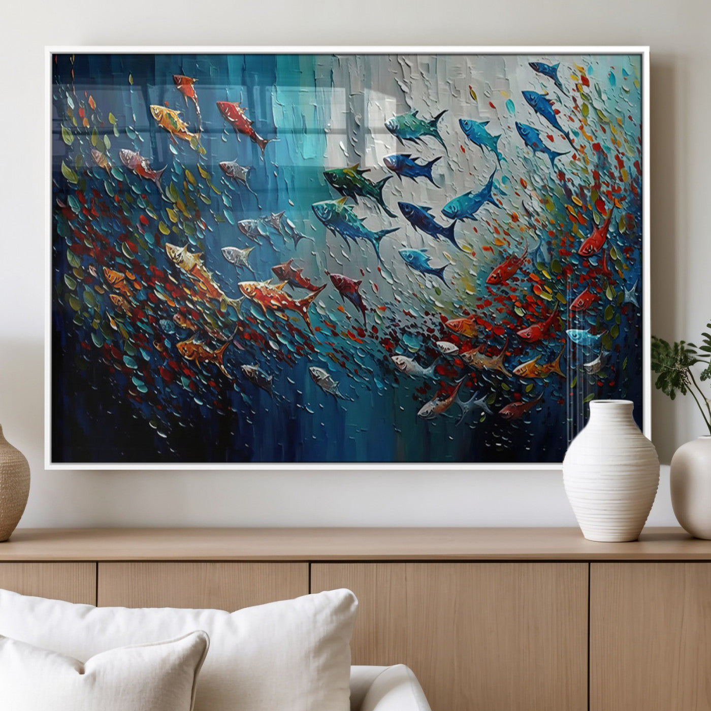 MGV-FP-60X30-3P - Modern Abstract Fish Shoal Wall Art Canvas Print, Colorful Fish Herd Painting on Canvas Print, Ocean