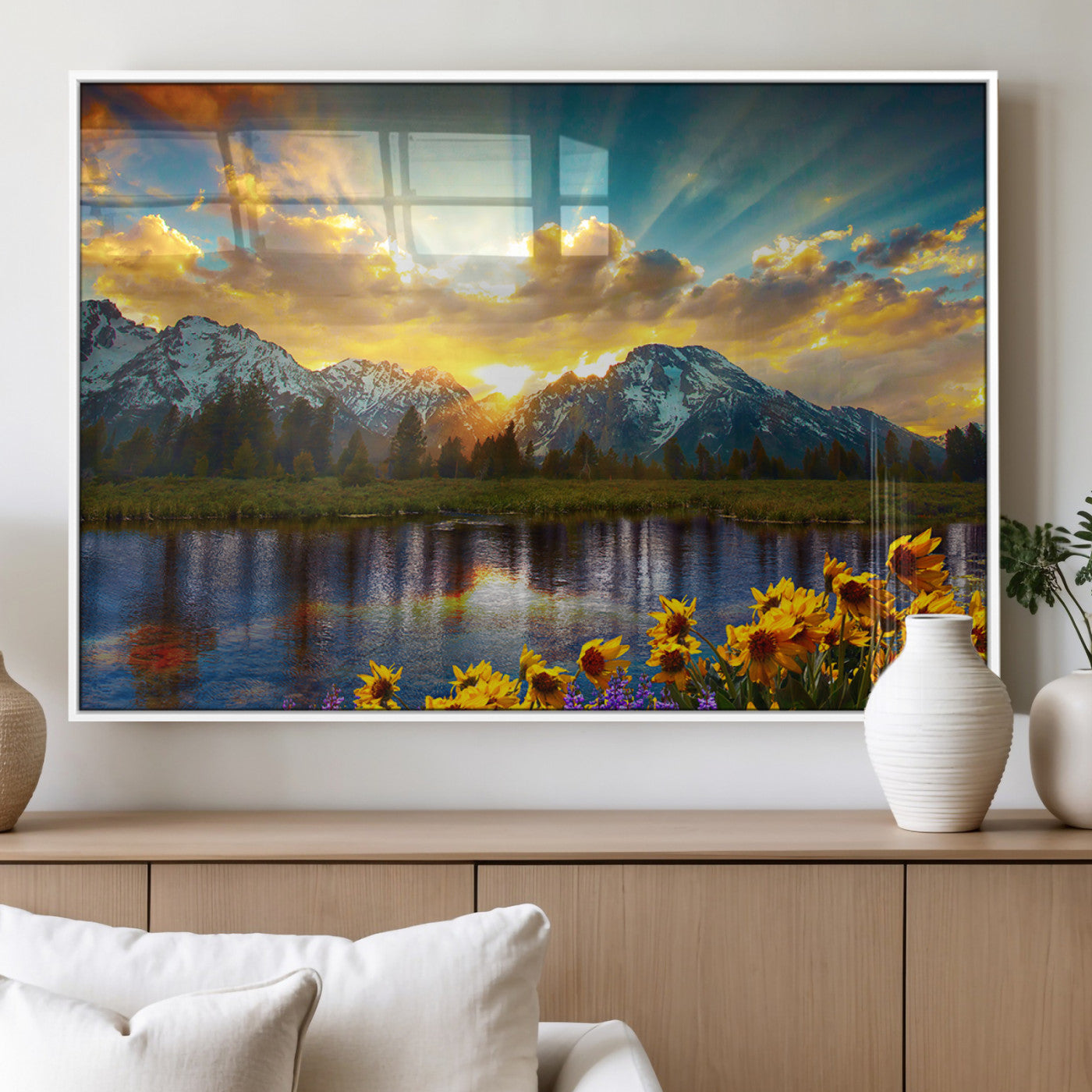 MGV-FP-60X30-3P - Grand Teton Park Amazing Mountain Landscape Sunset Wall Art Canvas Print