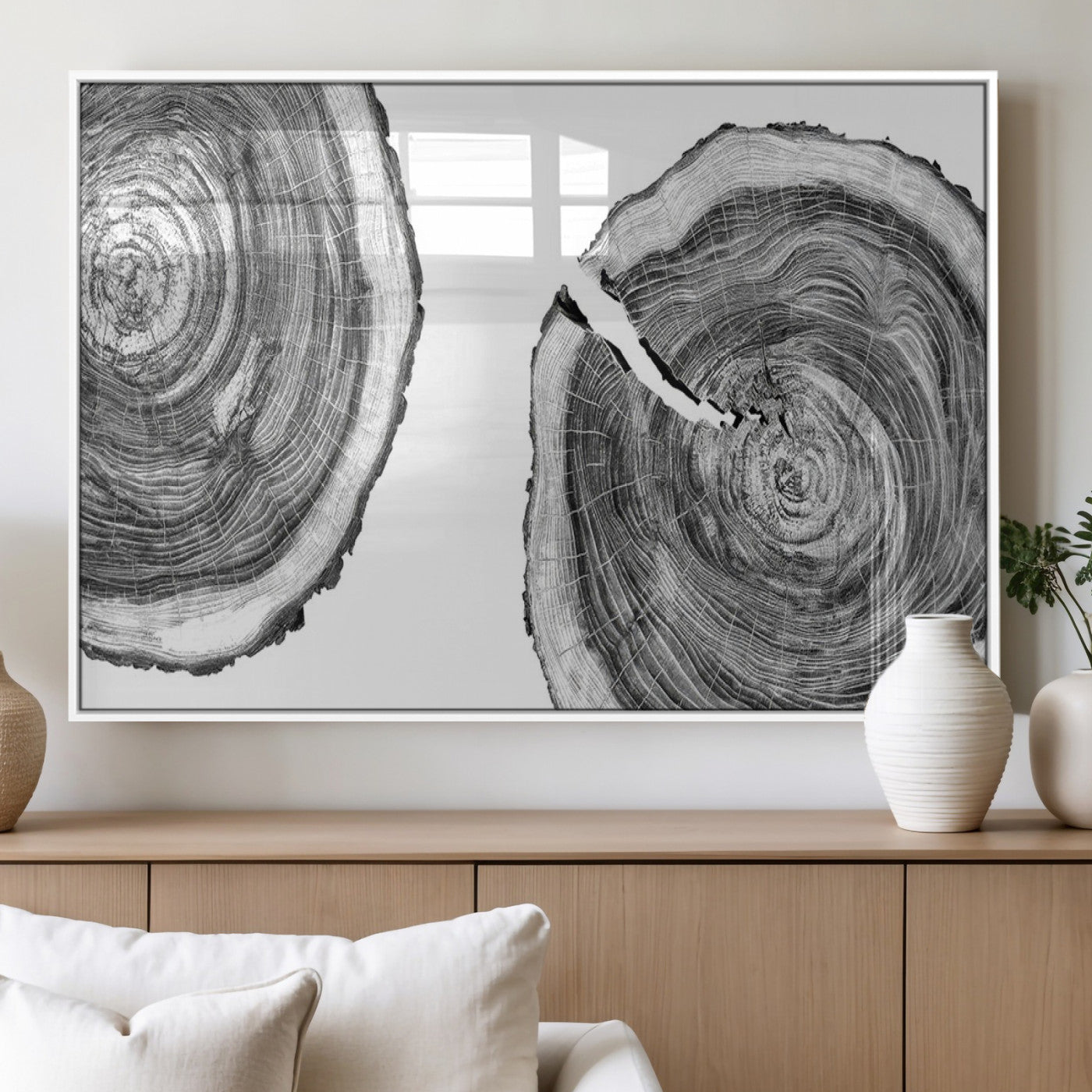 MGV-FP-60X30-3P - Modern Black and White Tree Rings Canvas Wall Art – Nature Inspired Wood Slice Print – Minimalist
