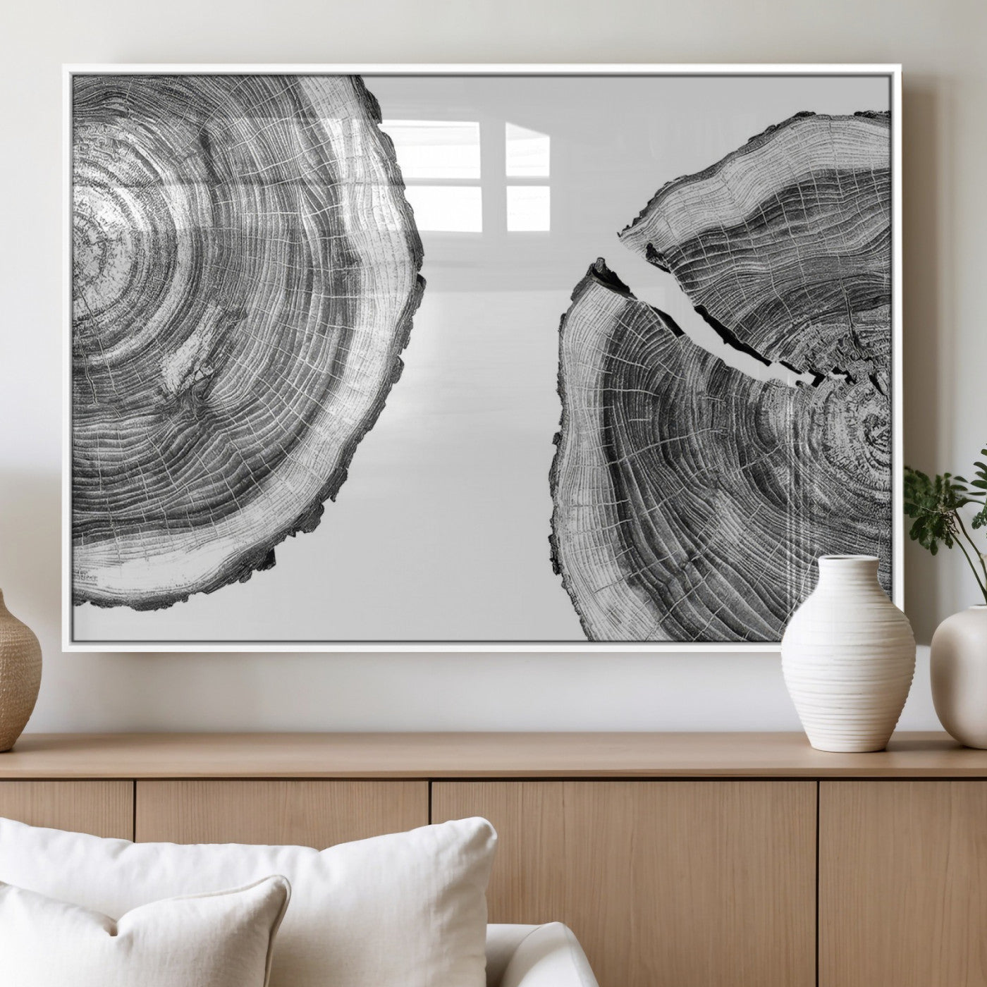 MGV-FP-60X30-3P - Abstract Large Tree Rings – Minimalist Black and White Wood Art | Triptych Canvas, Modern Wall Decor