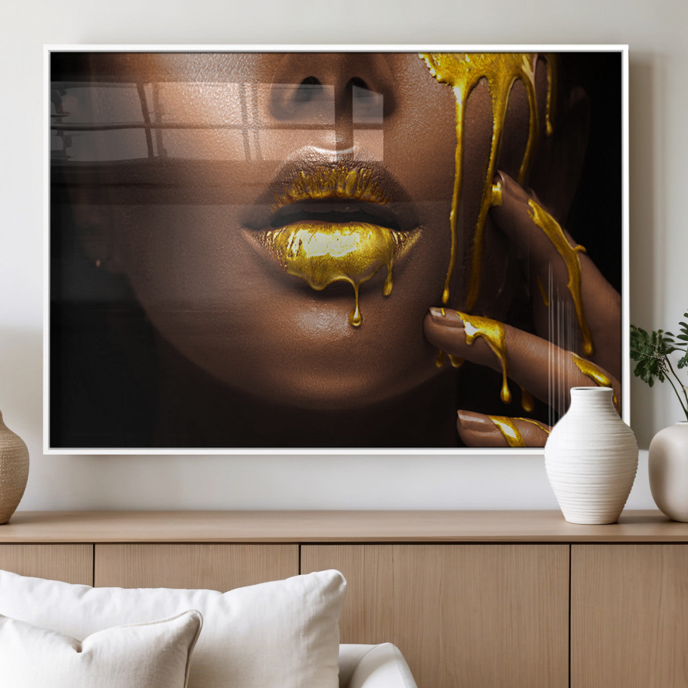 MGV-FP-60X30-3P - African American Art Black Woman Canvas Print, African Wall Art, Fashion African Woman Gold Lips