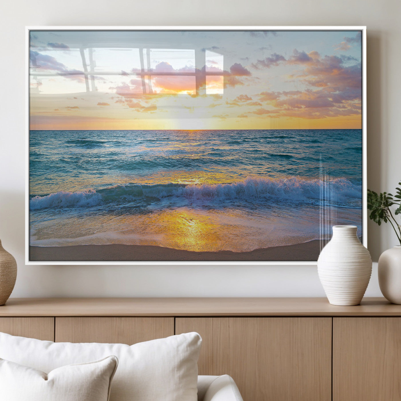 MGV-FP-60X30-3P - Golden Sunset Over Ocean Waves - Serene Coastal Triptych Wall Art for Relaxing Home Decor, Ready to