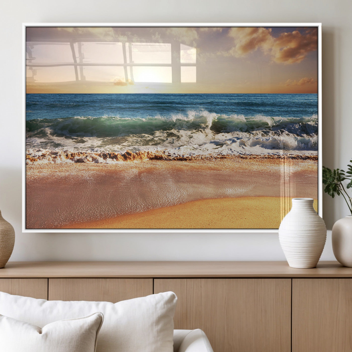 MGV-FP-60X30-3P - Sunset Beach Wall Art - 3-Panel Framed Canvas Print, Ready to Hang Ocean Sunset for Coastal and