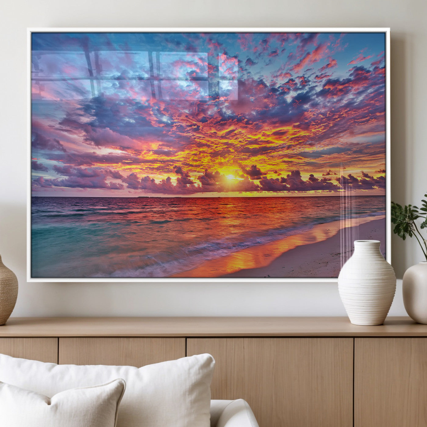 MGV-FP-60X30-3P - Vibrant Sunset Beach Wall Art - Ocean Sunset Canvas Print | Coastal Wall Art Decor Stunning Sunset