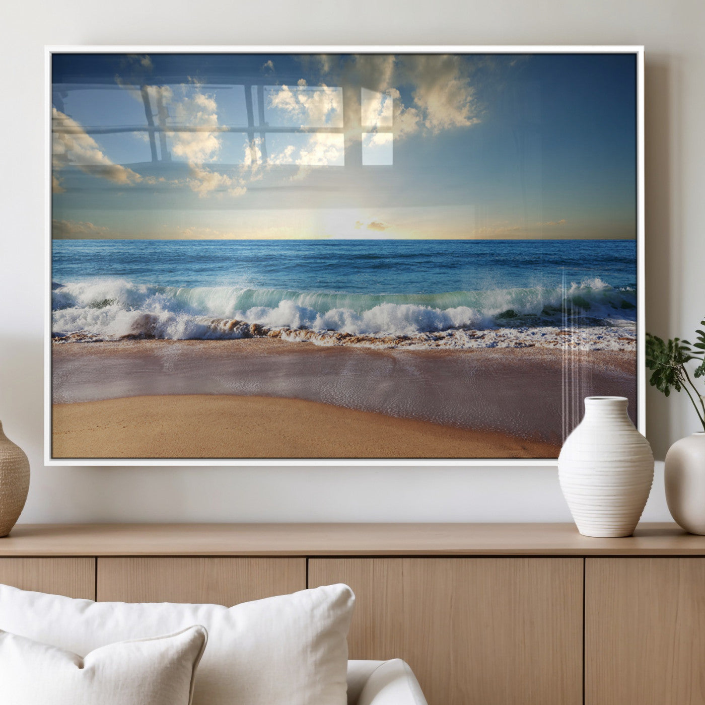 MGV-FP-60X30-3P - Serene Ocean Sunset Canvas Wall Art - Beach Waves at Sunset, Ready to Hang