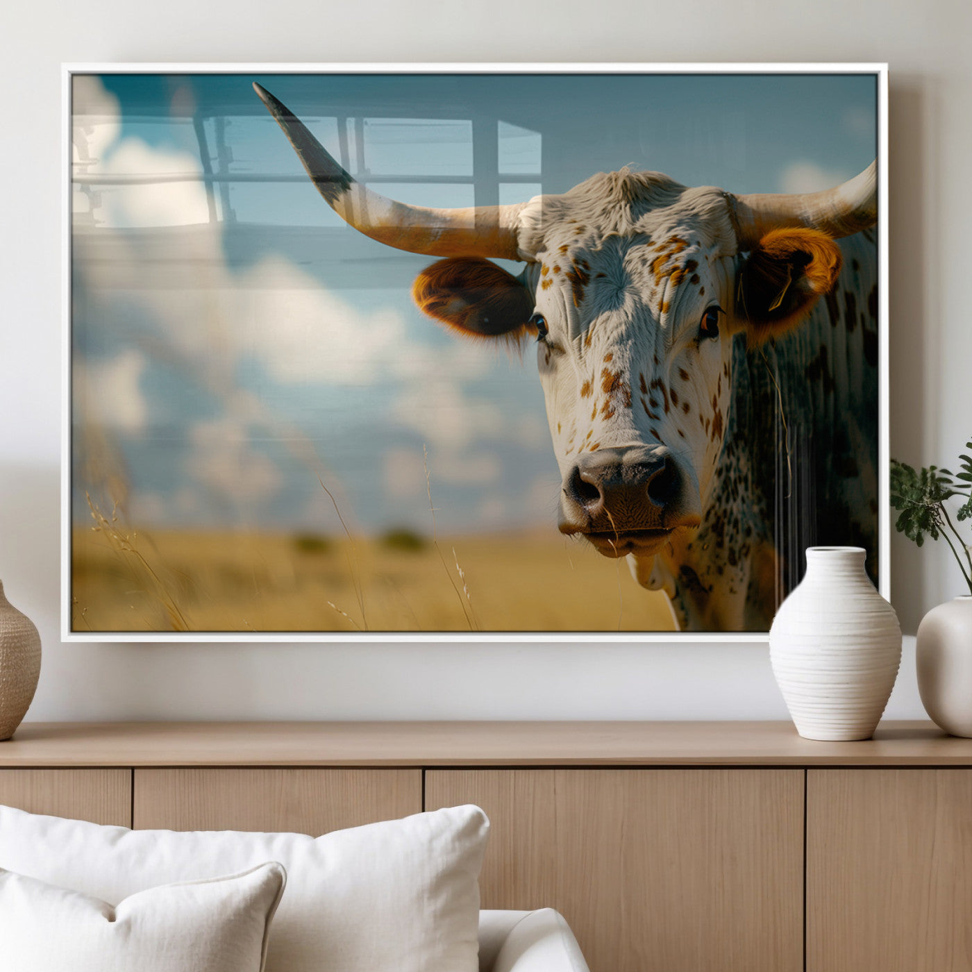 MGV-FP-60X30-3P - Longhorn in the Prairie - Stunning Ranch-Style Triptych Wall Art for Western Home Decor, Cowboy Wall