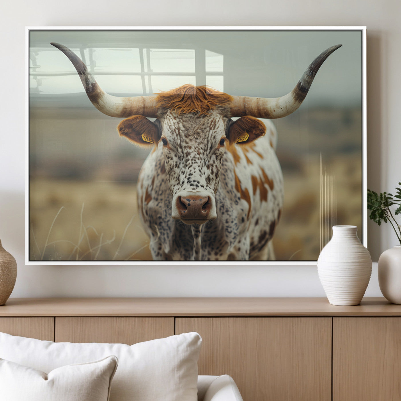 MGV-FP-60X30-3P - Texas Cow Longhorn Wall Art Canvas Print for Farm House Wall Decor, Farmhouse Wall Art Print