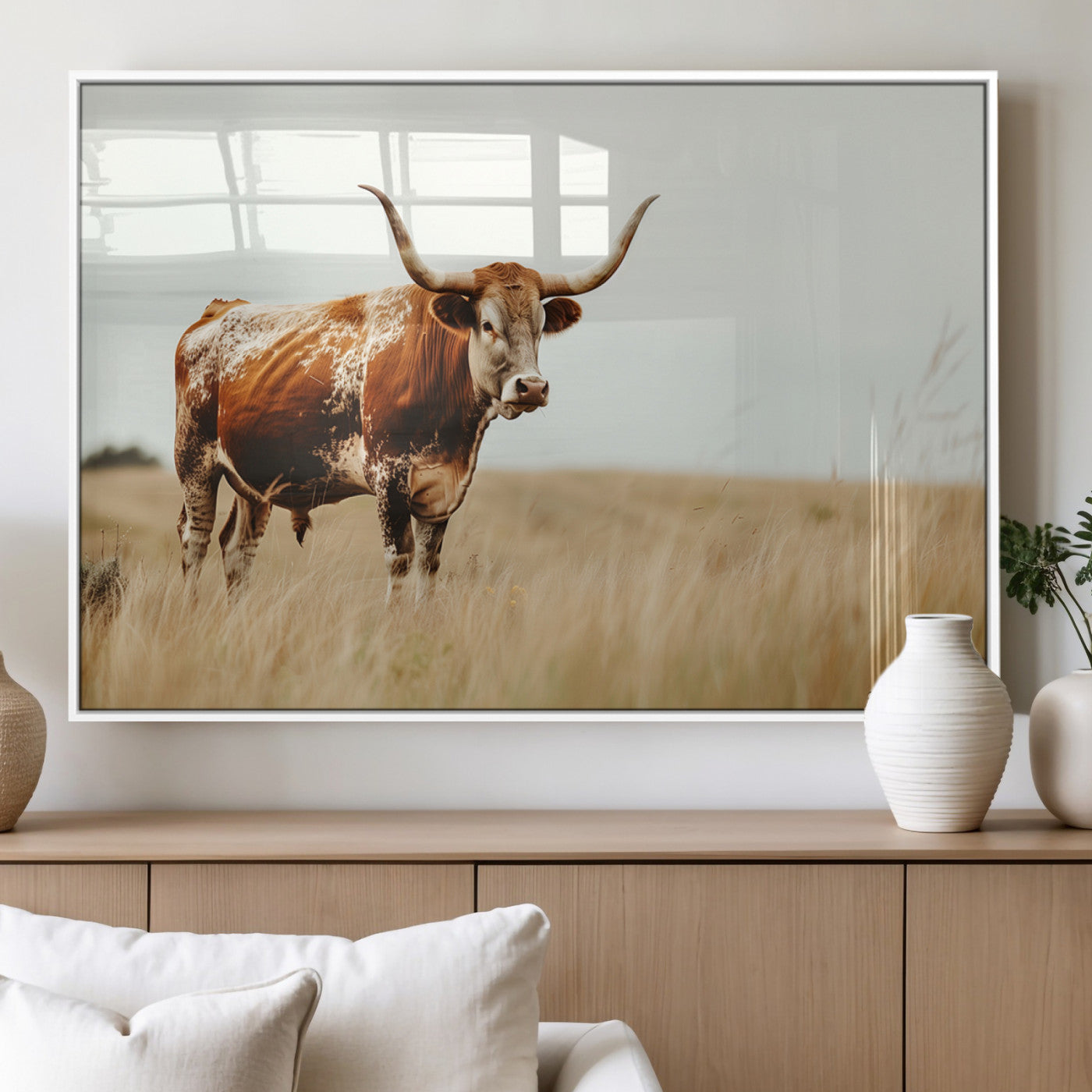 MGV-FP-60X30-3P - Texas Longhorn Canvas Wall Art Print – Majestic Western Cattle in Rustic Farmhouse Decor – Cow Wall