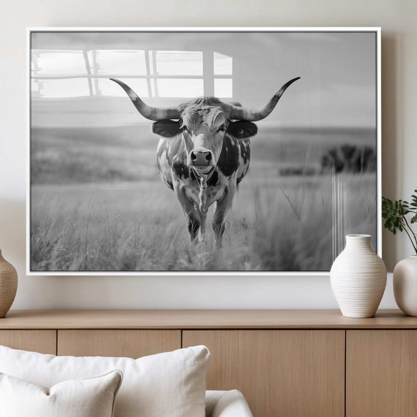 MGV-FP-60X30-3P - Texas Cow Longhorn Wall Art Canvas Print for Farm House Wall Decor, Farmhouse Wall Art Print