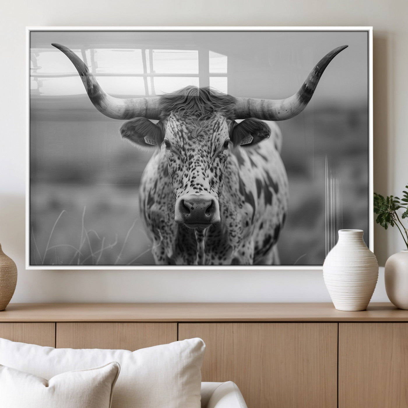 MGV-FP-60X30-3P - Texas Cow Longhorn Wall Art Canvas Print for Farm House Wall Decor, Farmhouse Wall Art Print