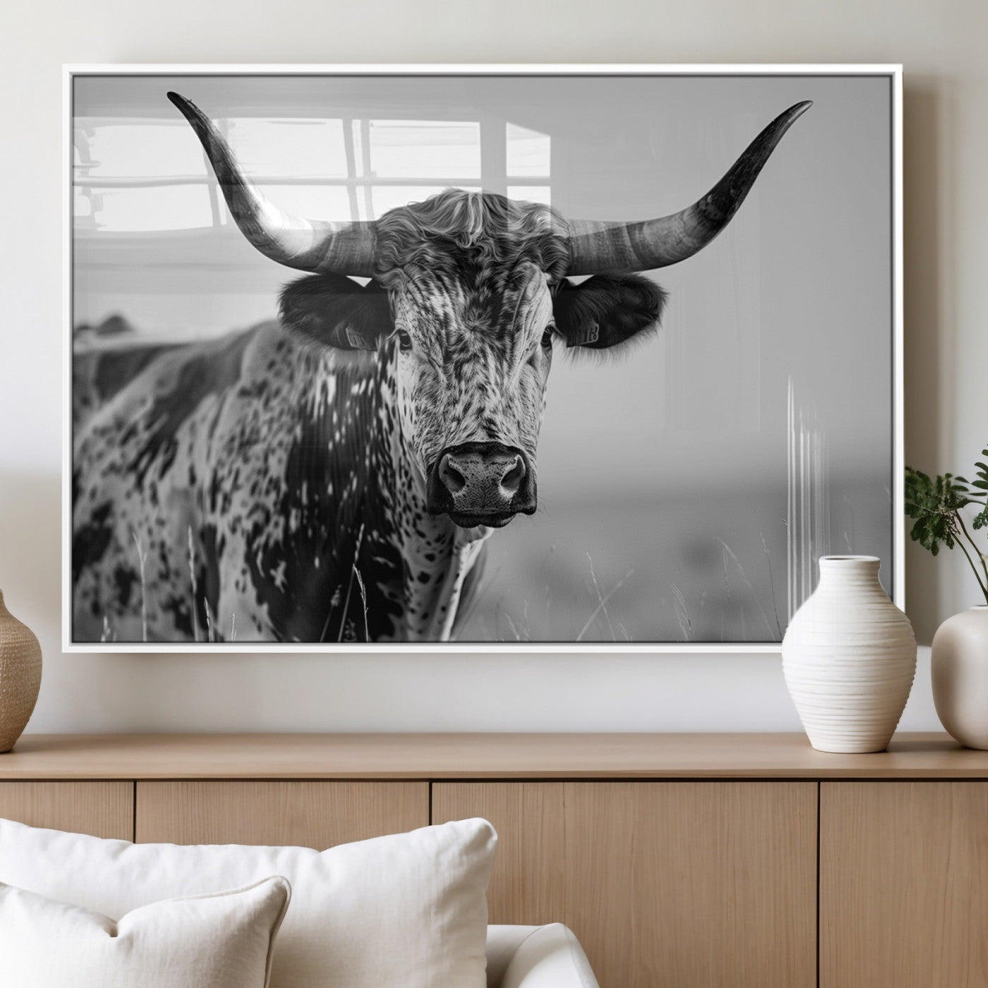 MGV-FP-60X30-3P - Texas Highland Cow Longhorn Canvas Print - Rustic Farmhouse Wall Art - Large Texas Longhorn