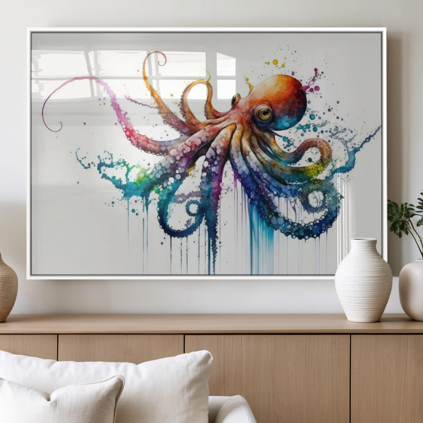 MGV-FP-60X30-3P - Watercolor Vibrant Octopus Wall Art Canvas Print | Abstract Sea Life Art | Colorful Marine Creature