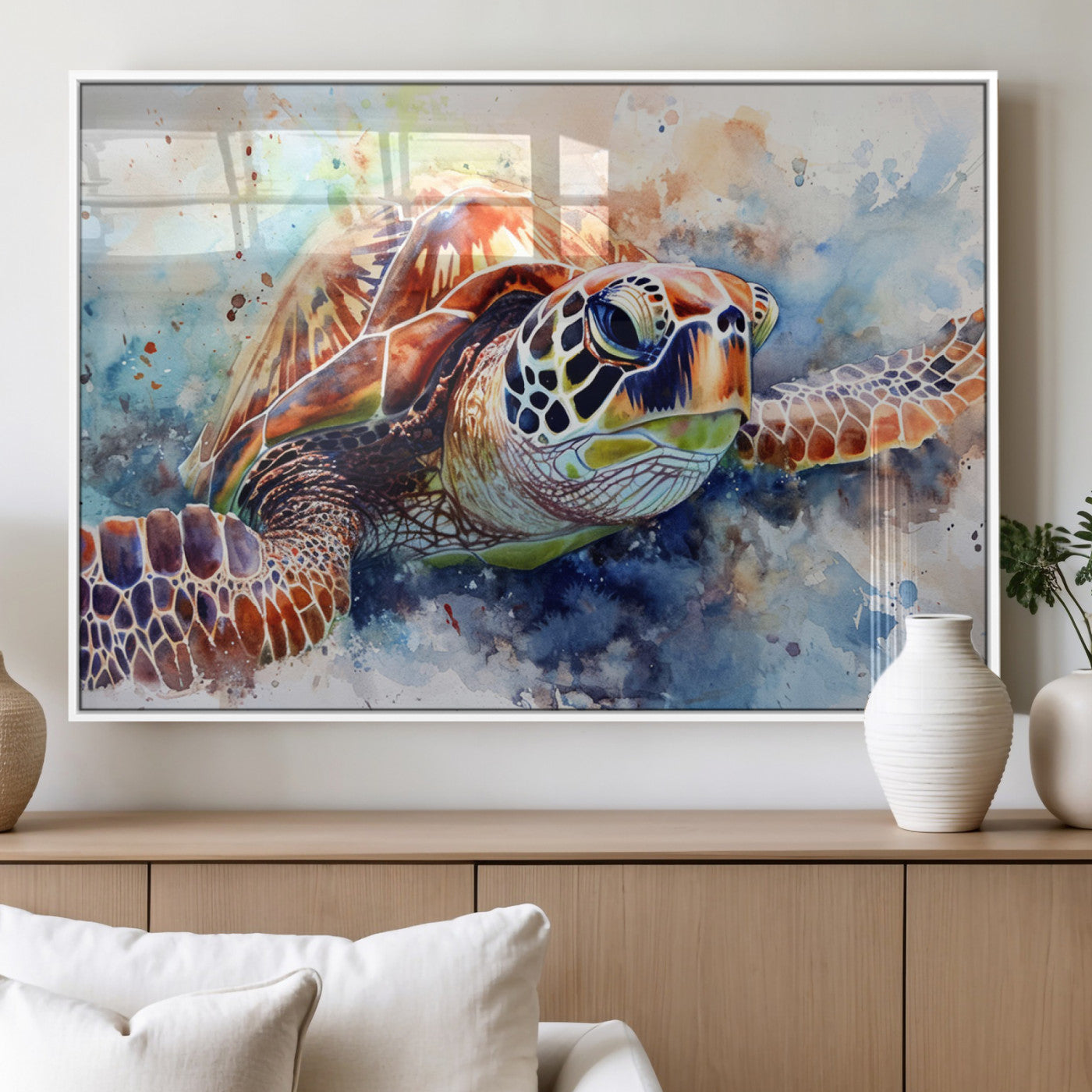 MGV-FP-60X30-3P - Watercolor Sea Turtle Wall Art Canvas Print - Vibrant Ocean Colors in Watercolor Style - Ready to