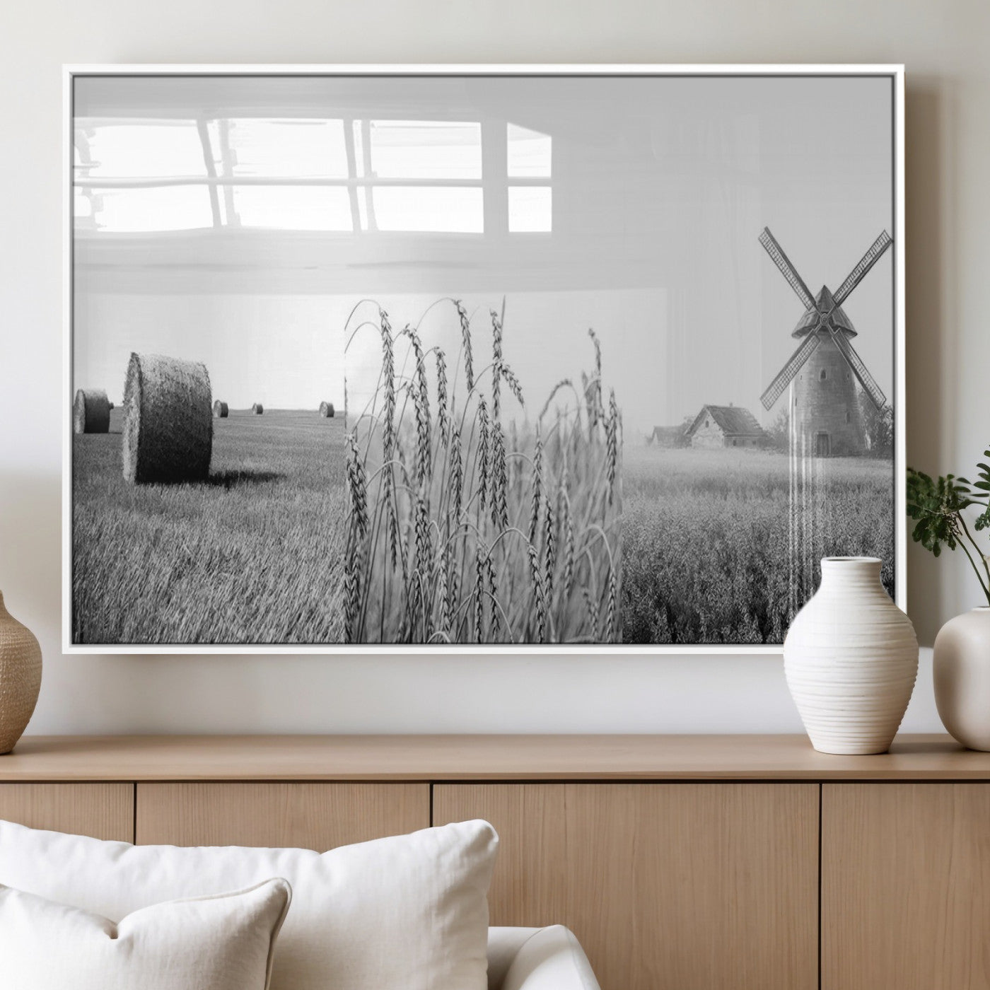 MGV-FP-60X30-3P - Vintage Farmhouse Black and White Triptych Wall Art – Giclee Canvas Featuring Wheat Fields, Hay