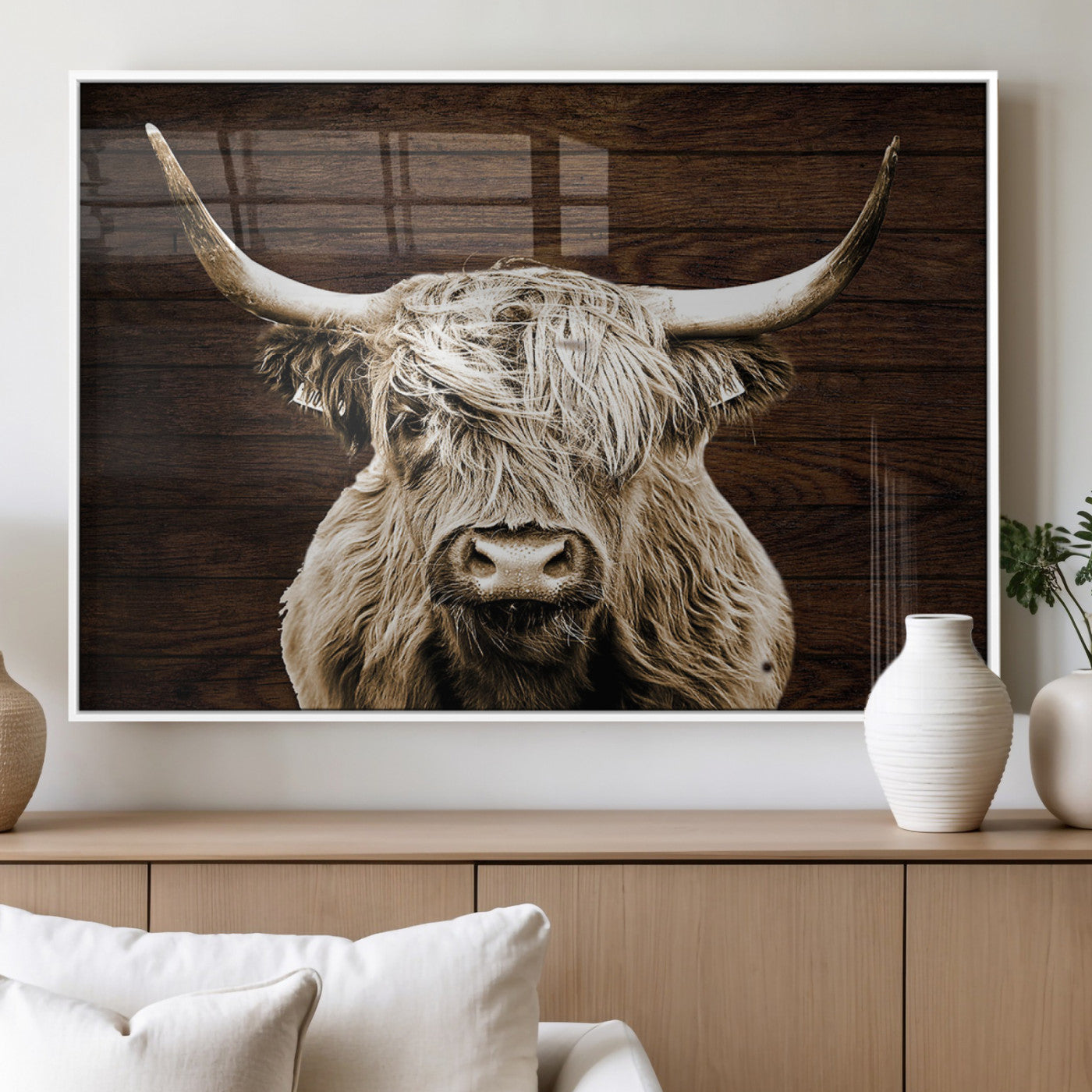 MGV-FP-60X30-3P - Highland Cow Wall Art Canvas Print, Rustic Farmhouse Decor, Majestic Scottish Highland Bull Portrait