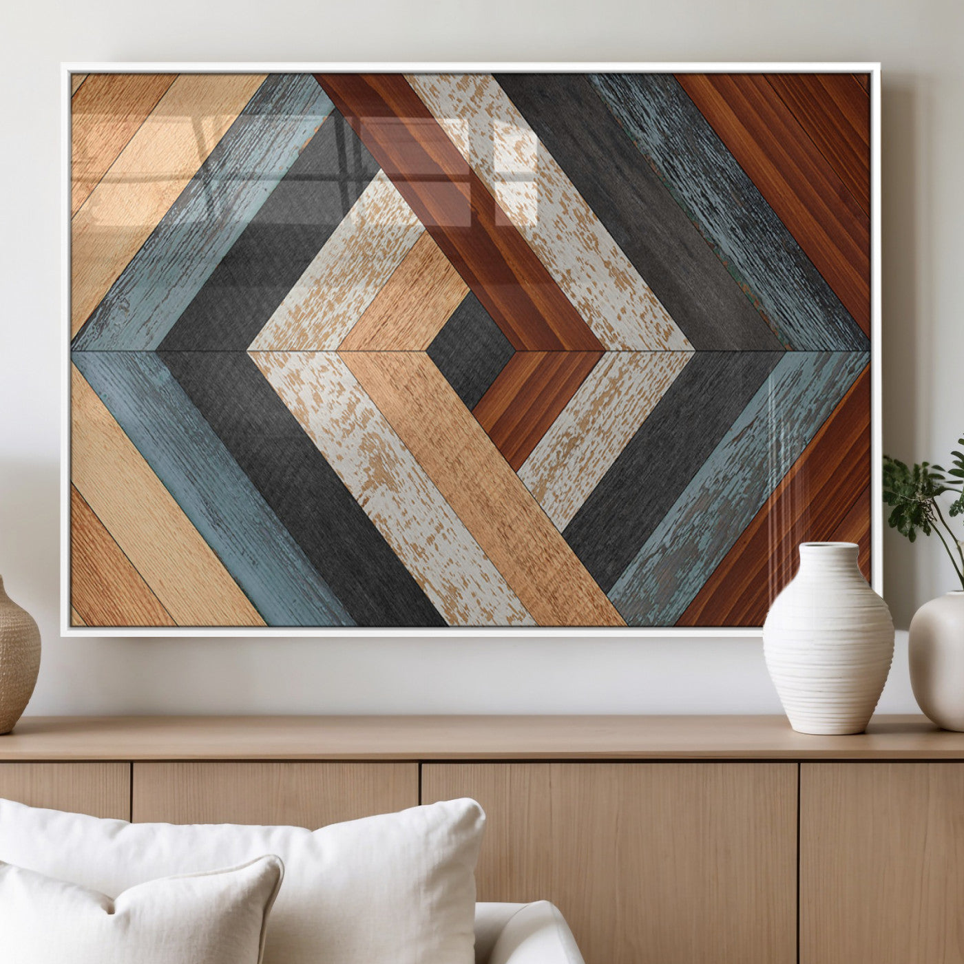 MGV-FP-60X30-3P - Geometric Wood Art Wall Decor Canvas Print, Rustic Wooden Pattern Triptych Wall Art for Living Room