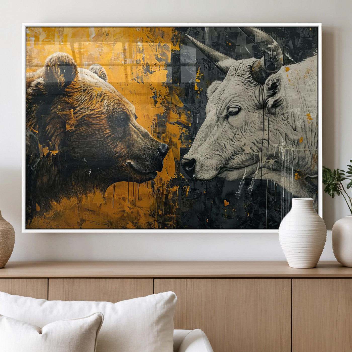 MGV-FP-60X30-3P - Bear and Bull Wall Art Canvas Print – Abstract Animal Portrait Painting for Modern Home Decor –