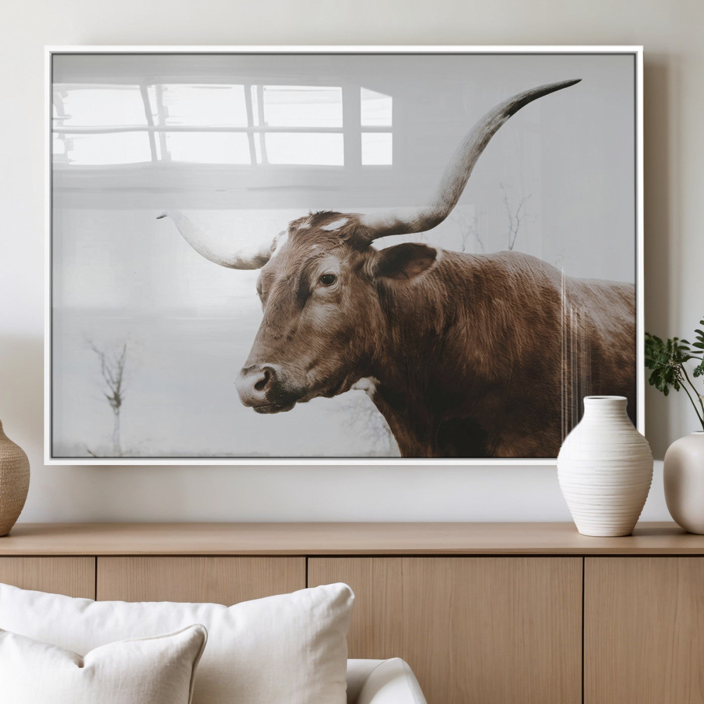 MGV-FP-60X30-3P - Rustic Bull Wall Art Canvas Print – Modern Longhorn Farmhouse Animal Decor – Abstract Farm Cow