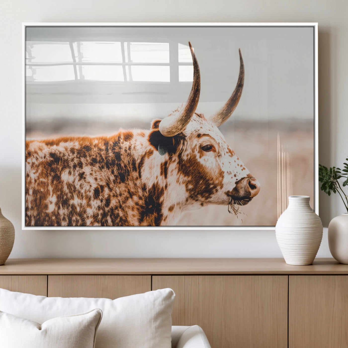 50356-MGV-FP-36X24-3P_White-Speckled Bull Wall Art Canvas Print – Rustic Cow Longhorn Farmhouse Animal Decor – Western Longhorn