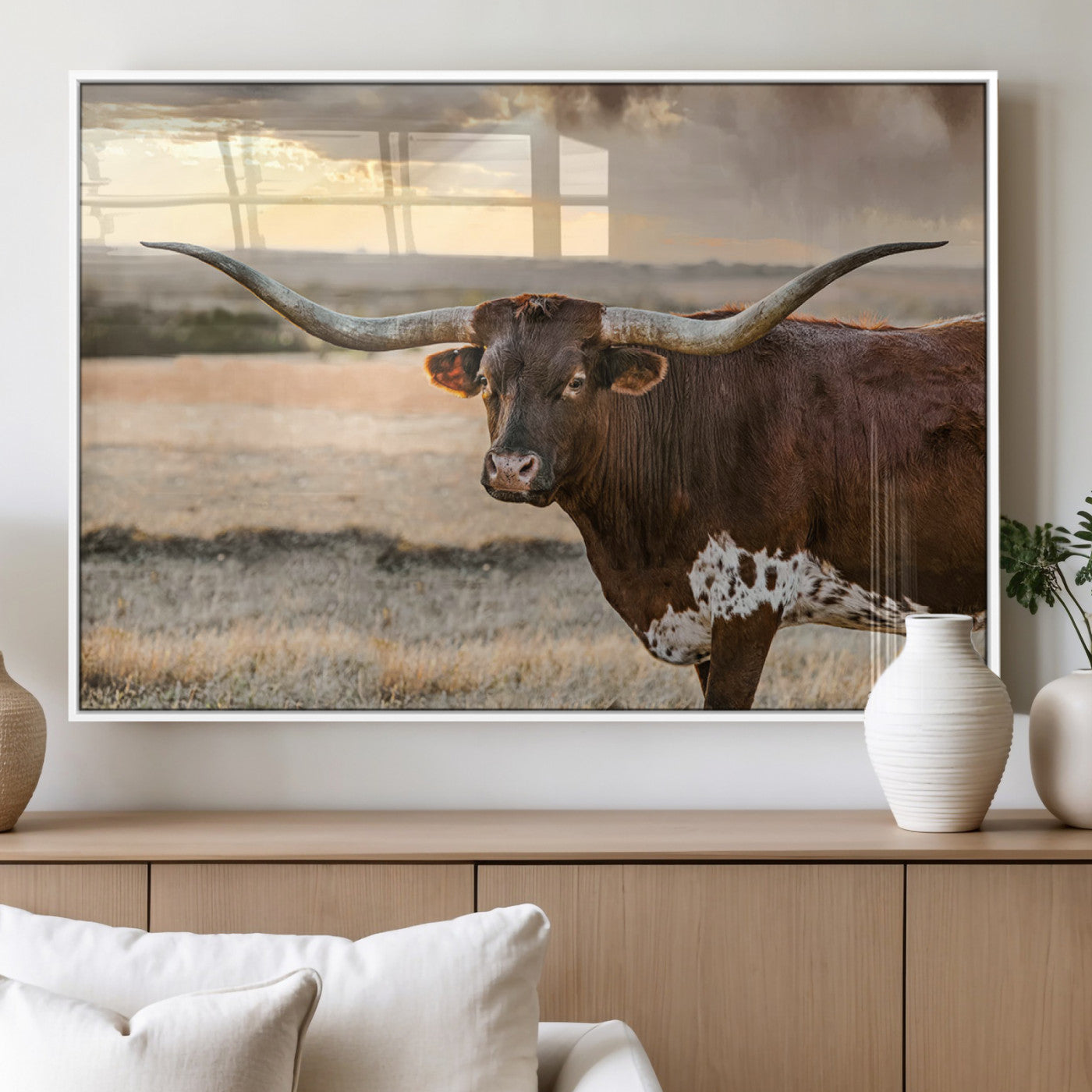 MGV-FP-60X30-3P - Texas Longhorn Wall Art Canvas Print, Rustic Ranch Decor, Majestic Western Longhorn Cattle