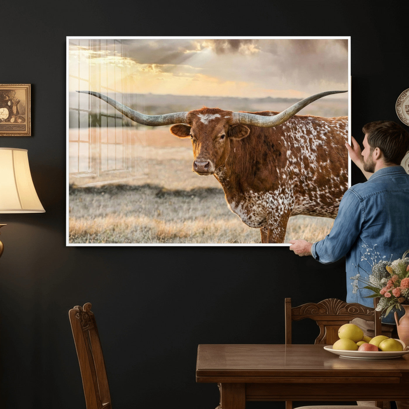 42715-MGV-CV-36X24 - Texas Longhorn Wall Art Canvas Print, Rustic Ranch Decor, Majestic Western Longhorn Cattle
