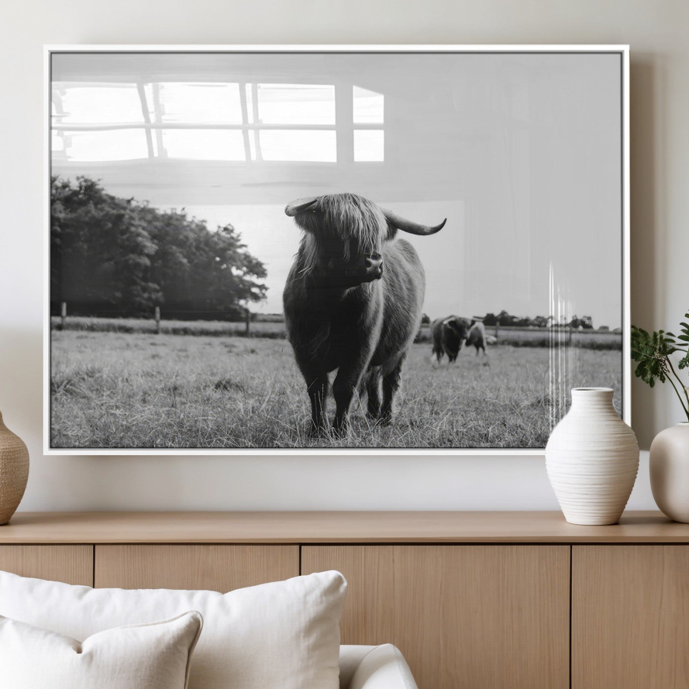 MGV-FP-60X30-3P - Black and White Highland Cow Wall Art Canvas Print | Rustic Western Decor for Living Room or Office,