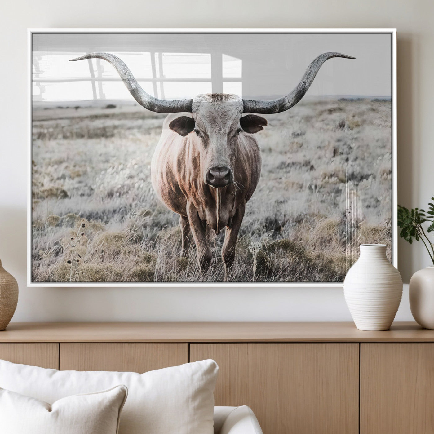 26121-MGV-FP-36X24-3P_White-Rustic Texas Longhorn Wall Art Canvas Print | Western Farmhouse Decor for Living Room or Office,
