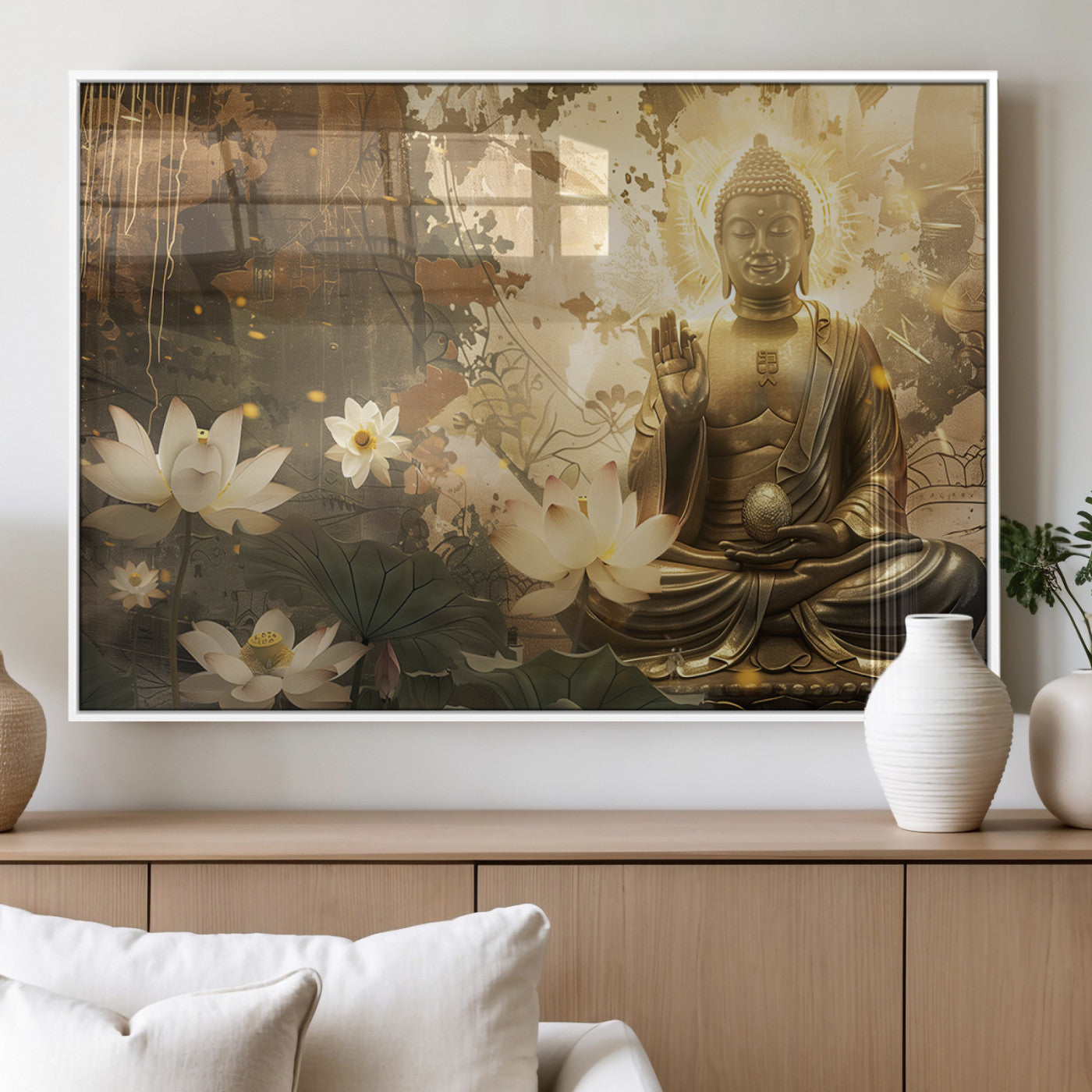 MGV-FP-60X30-3P - Zen Buddha Wall Art Canvas Print | Peaceful Meditation Decor with Lotus Flowers | Spiritual Serenity