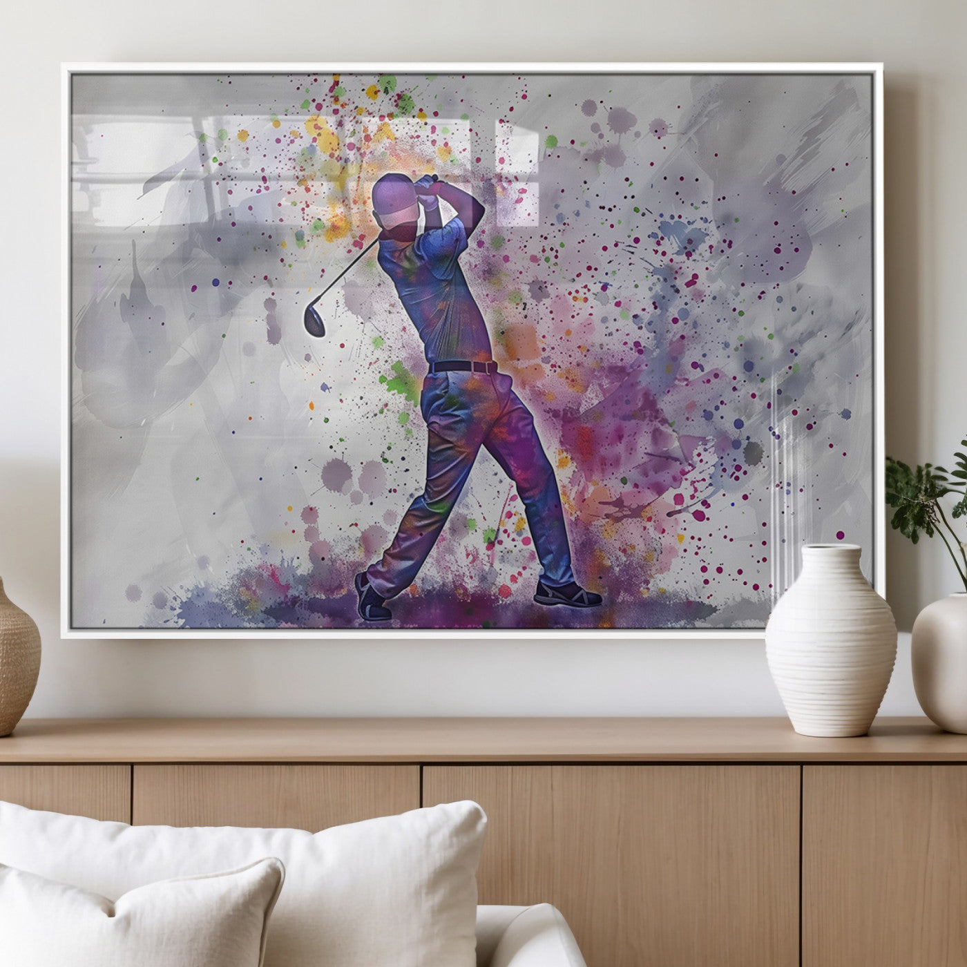 MGV-FP-60X30-3P - Watercolor Golf Swing Wall Art Canvas Print | Vibrant Abstract Golf Player Silhouette |