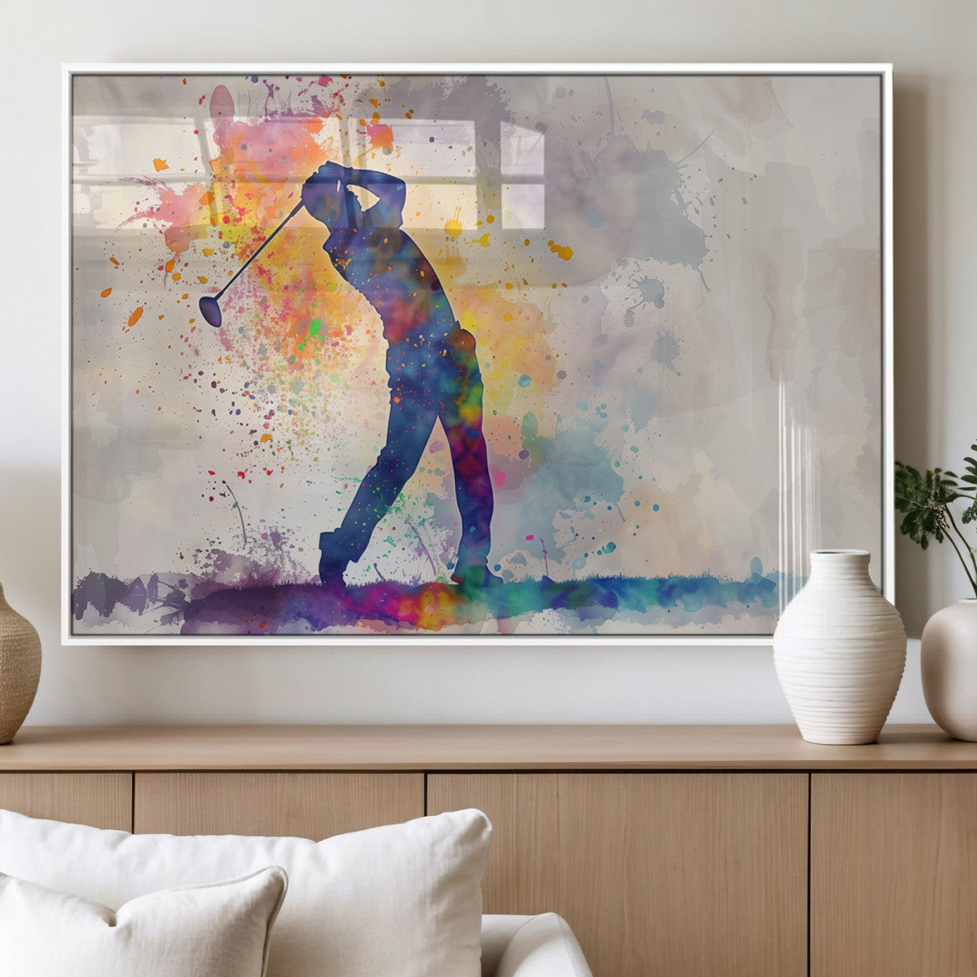 MGV-FP-60X30-3P - Watercolor Golf Swing Wall Art Canvas Print | Vibrant Abstract Golf Player Silhouette |