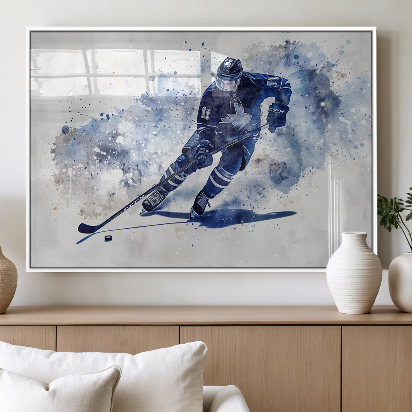 MGV-FP-60X30-3P - Hockey Player Wall Art Canvas Print - Sports-Inspired Watercolor Decor - Ready to Hang