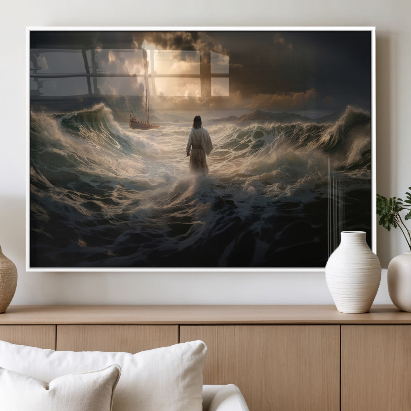 MGV-FP-60X30-3P - Jesus Walking on Water Wall Art Canvas Print - Religious Spiritual Decor - Jesus Wall Art Canvas