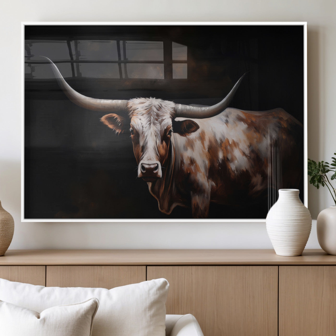 82543-MGV-FP-60X30-3P_White-Texas Longhorn Wall Art Canvas Print | Western Ranch Decor | Bold Rustic Cattle Artwork | Ready to